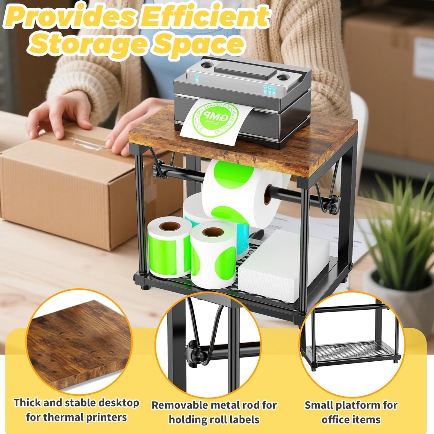 Label Holder for Rolls and Fan-Fold Labels, Wooden Sticker Dispenser for Desktop Thermal Printer, Sticker Roll Holder Organizer, Shipping Label Stand for Home, Office, Small Business (Black)