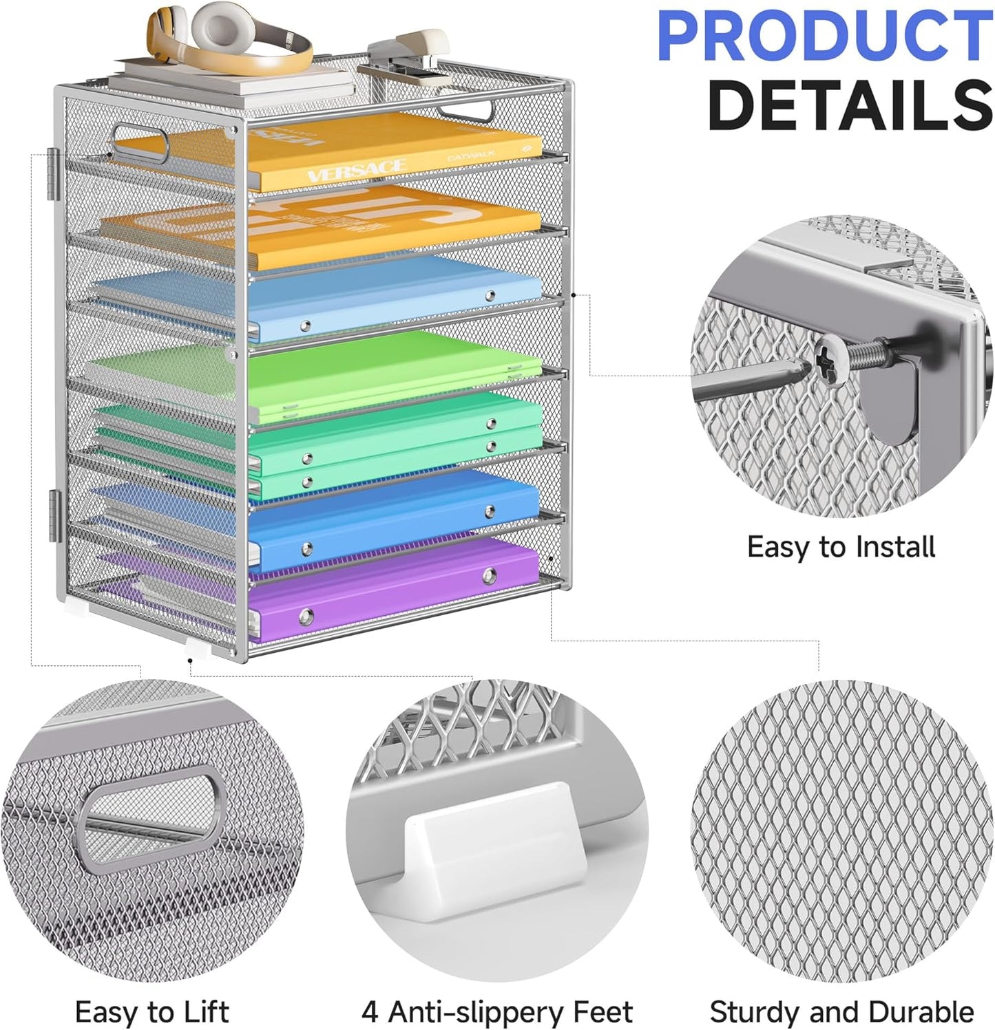 Paper Organizer with Handle 8 Tier Metal Mesh Desk File Organizer Large Capacity Desk Organizers Paper Letter Tray Desktop Document Sorter for Office, Home or School 2 Pack Silver