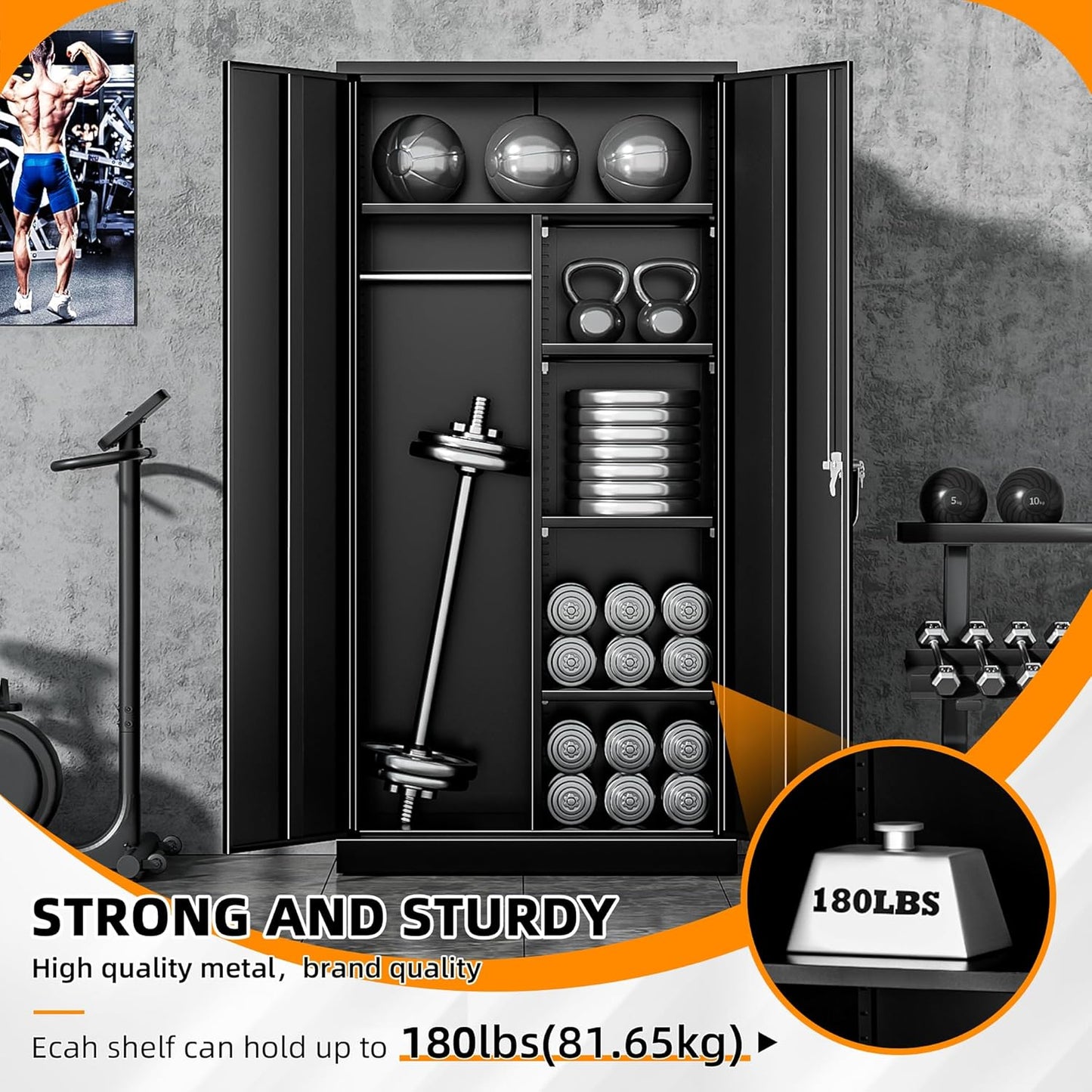 INTERGREAT Metal Storage Cabinet with Lock,Storage Wardrobe Cabinets with 4 Adjustable Shelves and Hanging Rod,Black Wardrobe Cabinet with Lockable Doors for Home Office,Warehouse,Garage