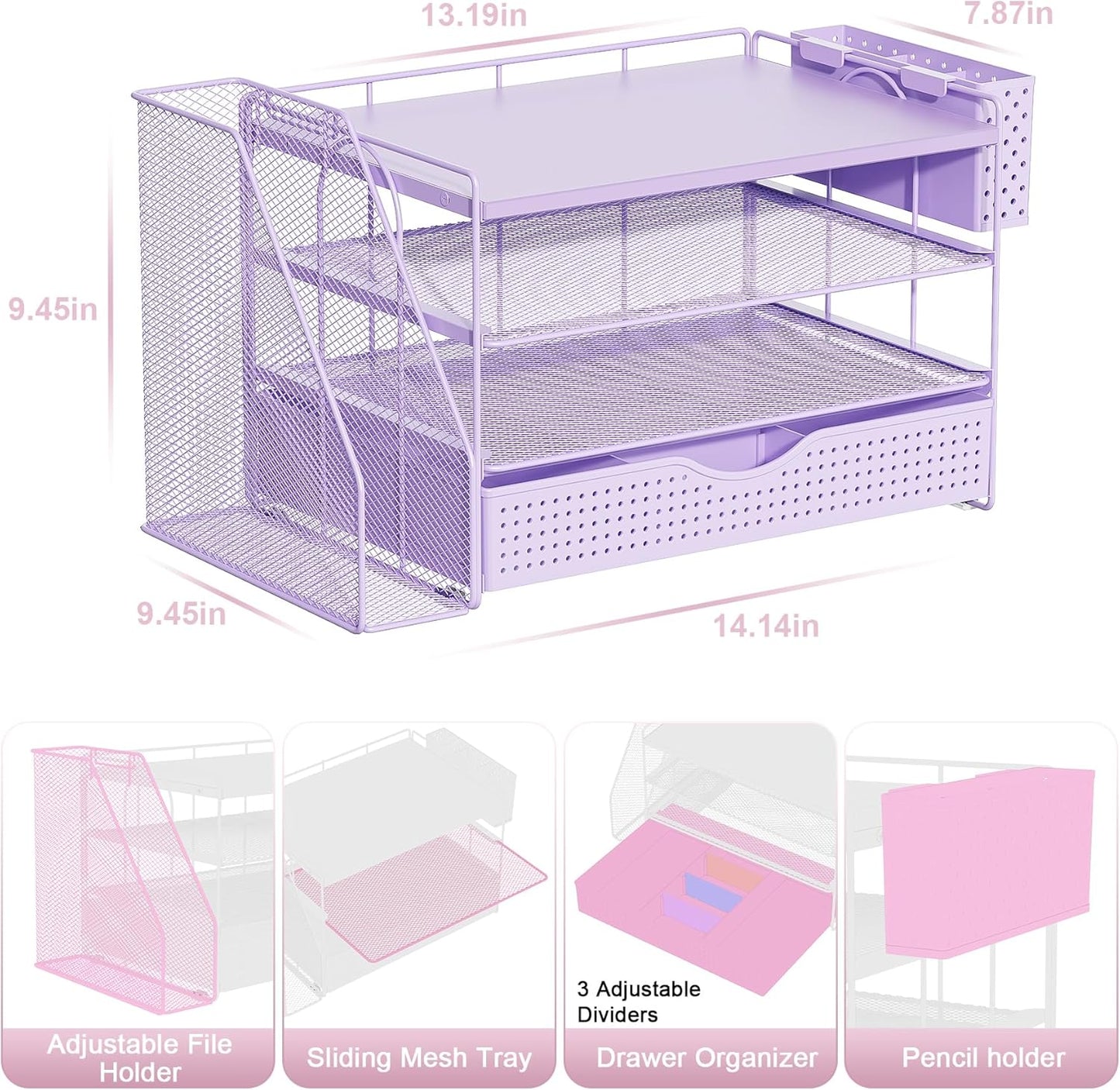 Wood Desk Organizers and Accessories with File Holder, 4-Tier Desk Accessories & Workspace Organizers with Drawer and Pen Holder, Paper Organizer for Office Supplies (Purple)