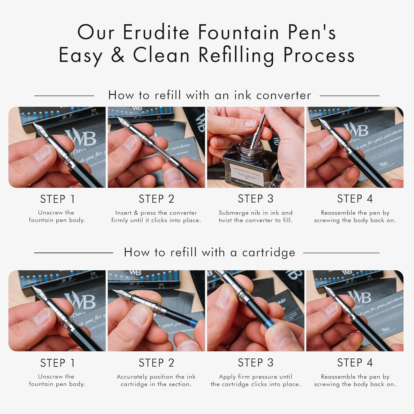 Wordsworth & Black Fountain Pen Set, Extra Fine Nib, Includes 24 Pack Ink Cartridges, Ink Refill Converter & Gift Pouch, Chrome Finish, Calligraphy, [Black Chrome], Perfect for Men & Women