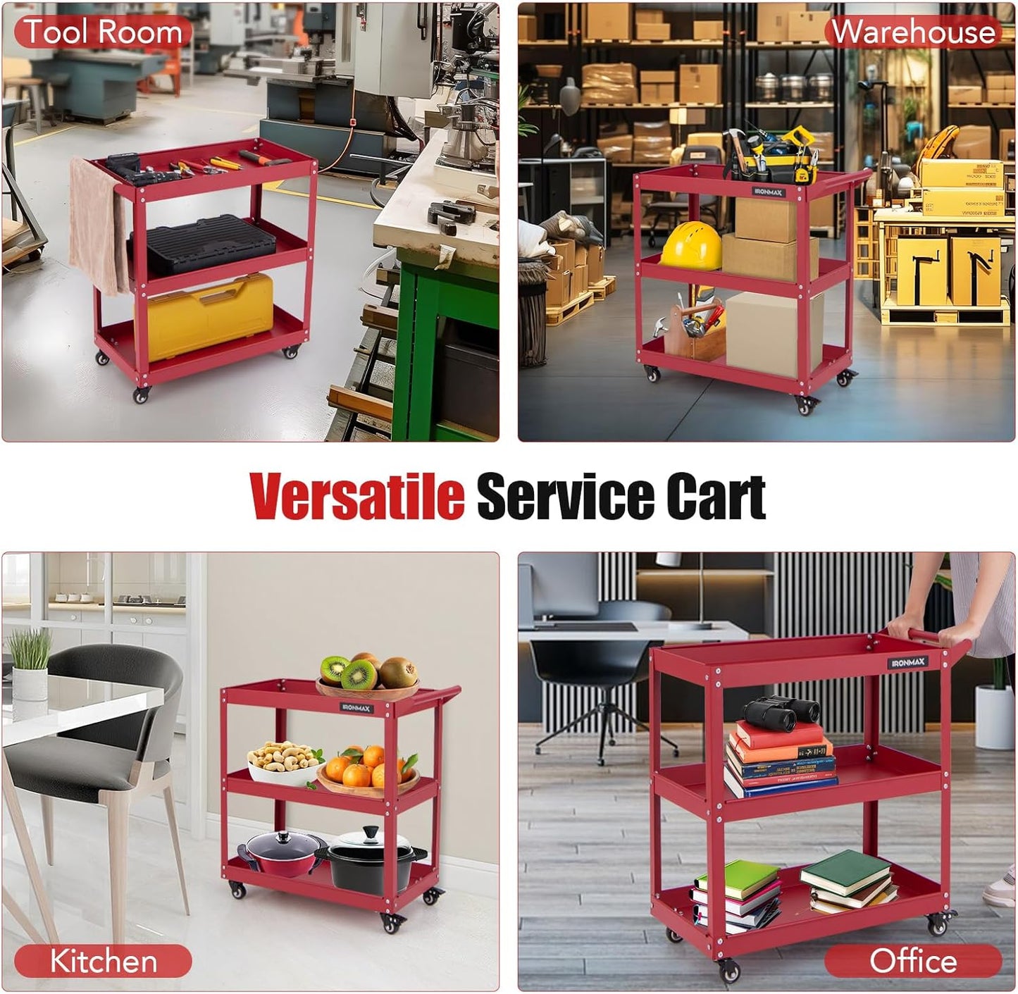 Goplus 3-Tier Utility Cart, Heavy Duty Commercial Service Tool Cart w/3 Spacious Shelves, 4 Universal Wheels with 2 Brakes, Rolling Mechanic Tool Cart Storage Organizer for Warehouse Garage