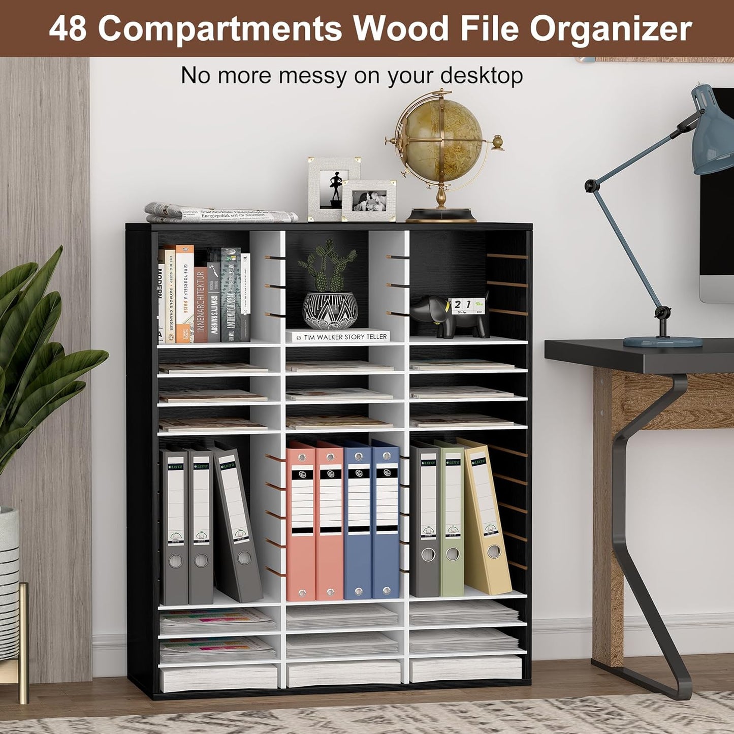 EasyPAG Mail Organizer Countertop, Wood Literature Organizer with Adjustable Shelves, Student Classroom Mailbox for School, Desktop Paper Sorter for Office Home, 48 Compartments, Black/White