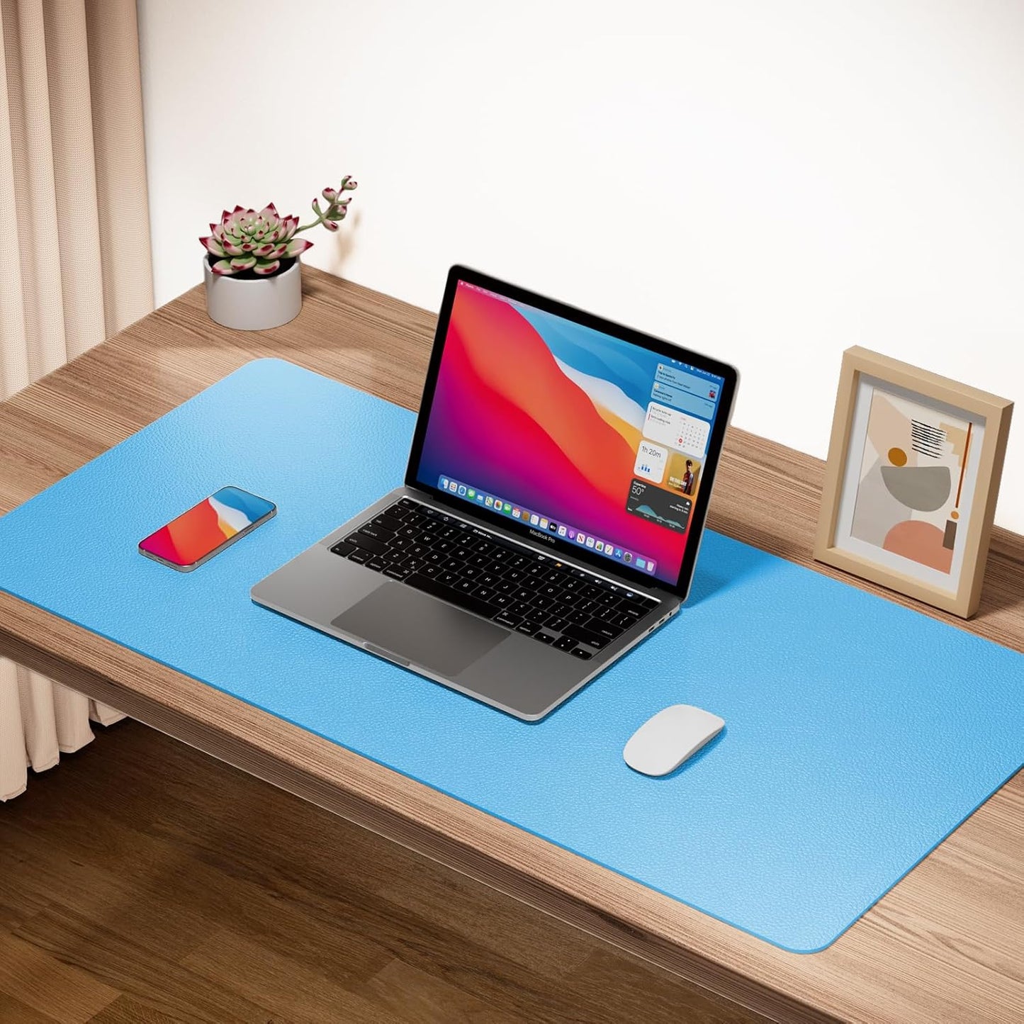 Boutilon Leather Desk Pad Protector,Non-Slip Mouse Pad,Laptop Desk Pad,Office Mouse Mat,Waterproof Leather Desk Blotter,Desk Writing Pad for Office and Home (XXXL-Blue,47"x 24")