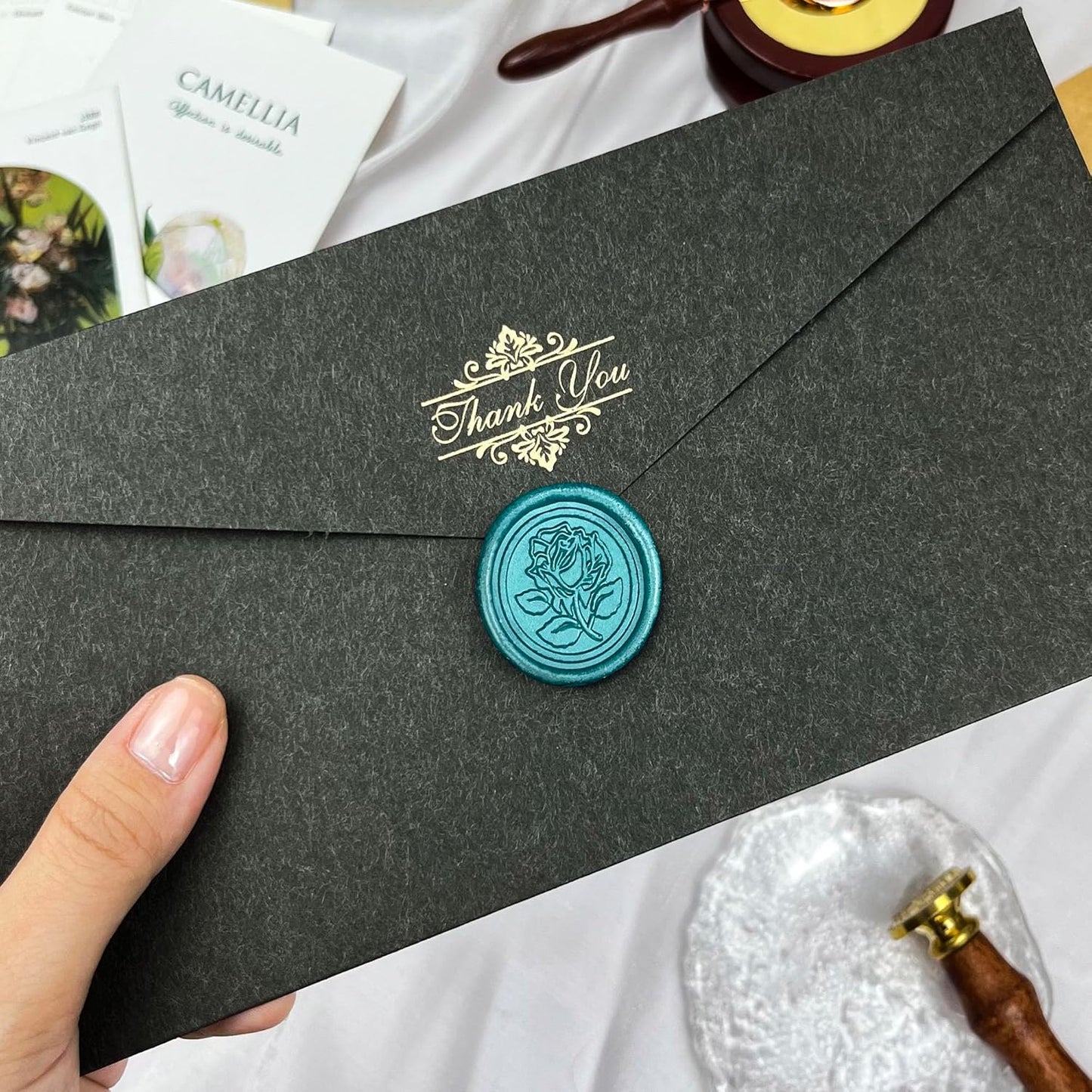 25Pcs Wax Seal Stickers Handmade Envelope Seals Self Adhesive Wax Stickers for Wedding Party Invitations, Envelope, Gift Wrap, Christmas(Rose Style, Duck Green)