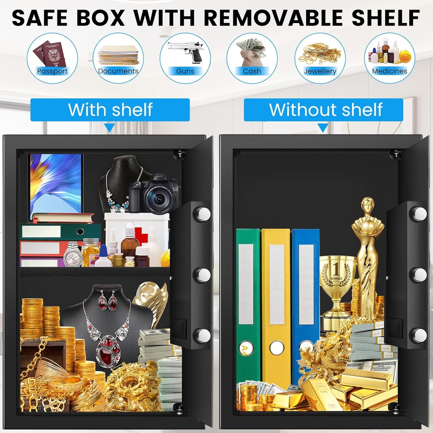 3.2 Cuft Safe Box, Home Safes with Fireproof Waterproof Bag, Security Digital Safe for Home with Programmable Keypad Keys, Smart Alert, Mute Mode, Anti-theft Document Safe for Valuables