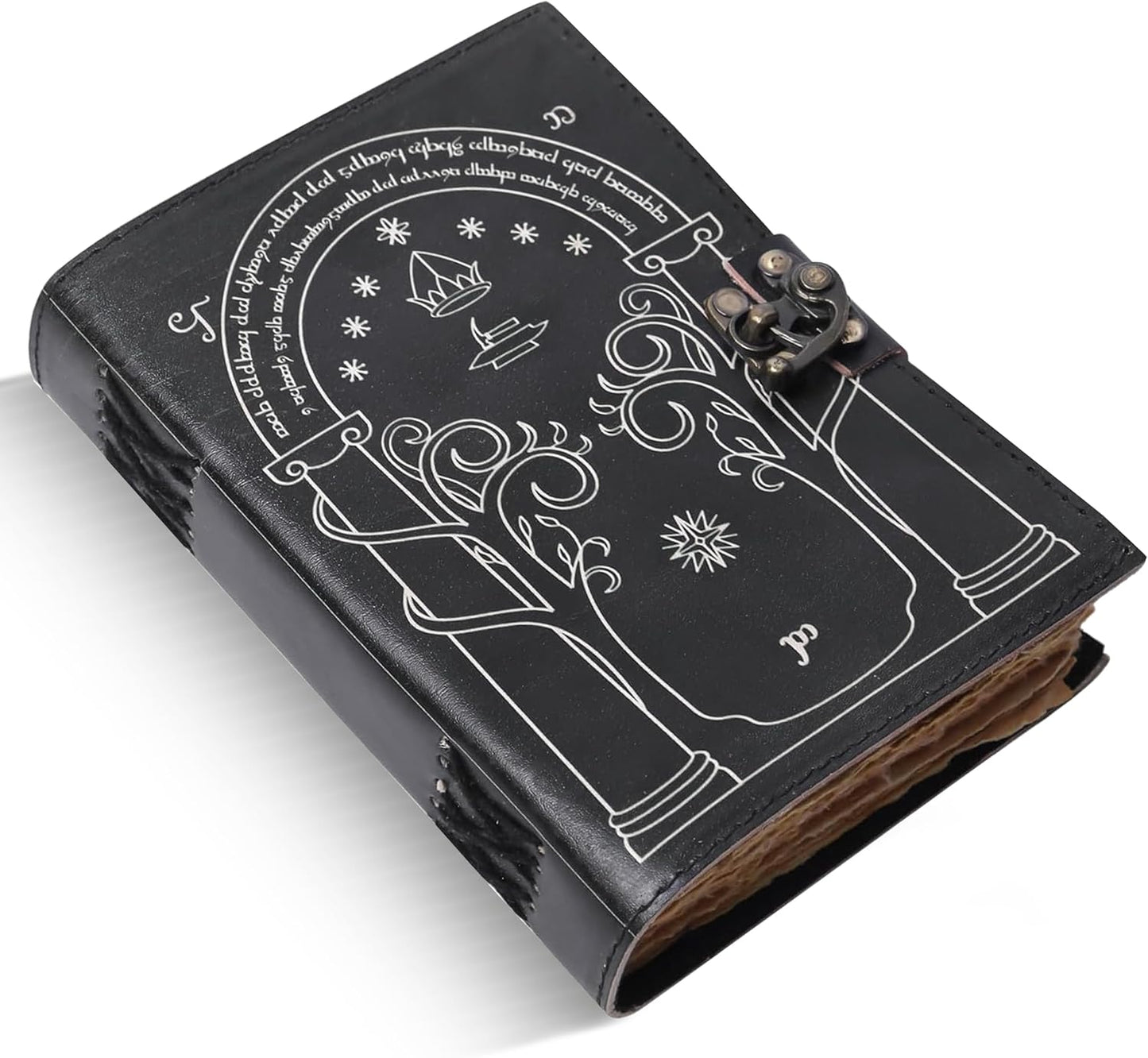 Black Doors of Durin Leather Journal – Book of Shadows Grimoire with Vintage Clasp Lock – Tolkien Lord of the Rings Inspired, 200 Page Antique Deckle Edge Vintage Leather Notebook