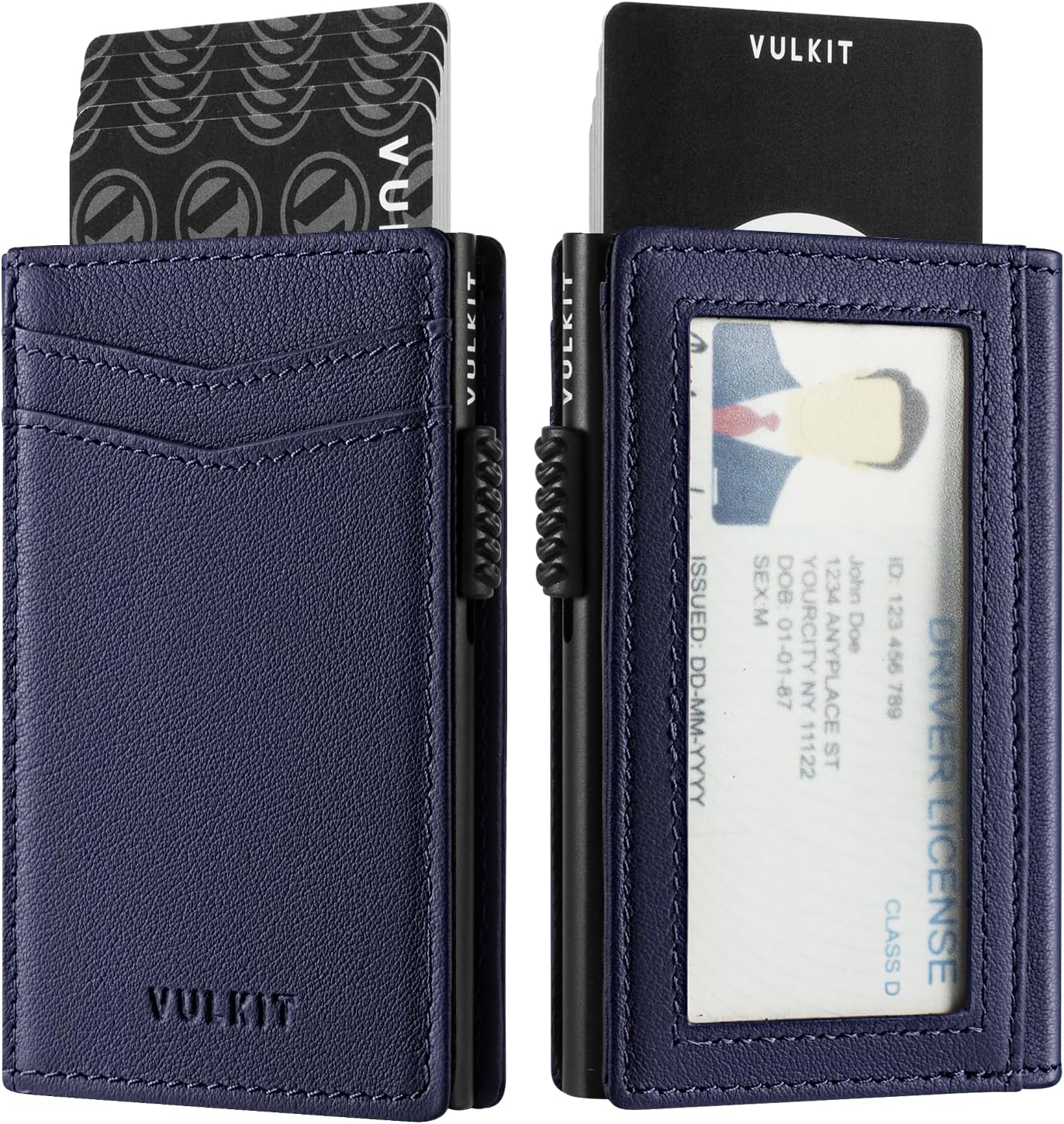 VULKIT Men's Wallet with ID Window Top Grain Leather RFID Blocking Minimalist Wallet Pop Up Card Holder Magnetic Closure