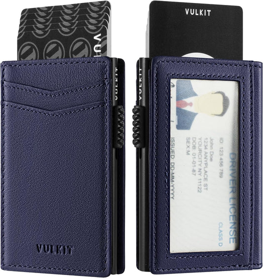VULKIT Men's Wallet with ID Window Top Grain Leather RFID Blocking Minimalist Wallet Pop Up Card Holder Magnetic Closure