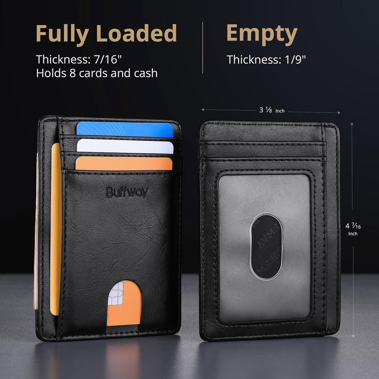 Buffway Slim Minimalist Front Pocket RFID Blocking Leather Wallets for Men and Women - Alaska Black