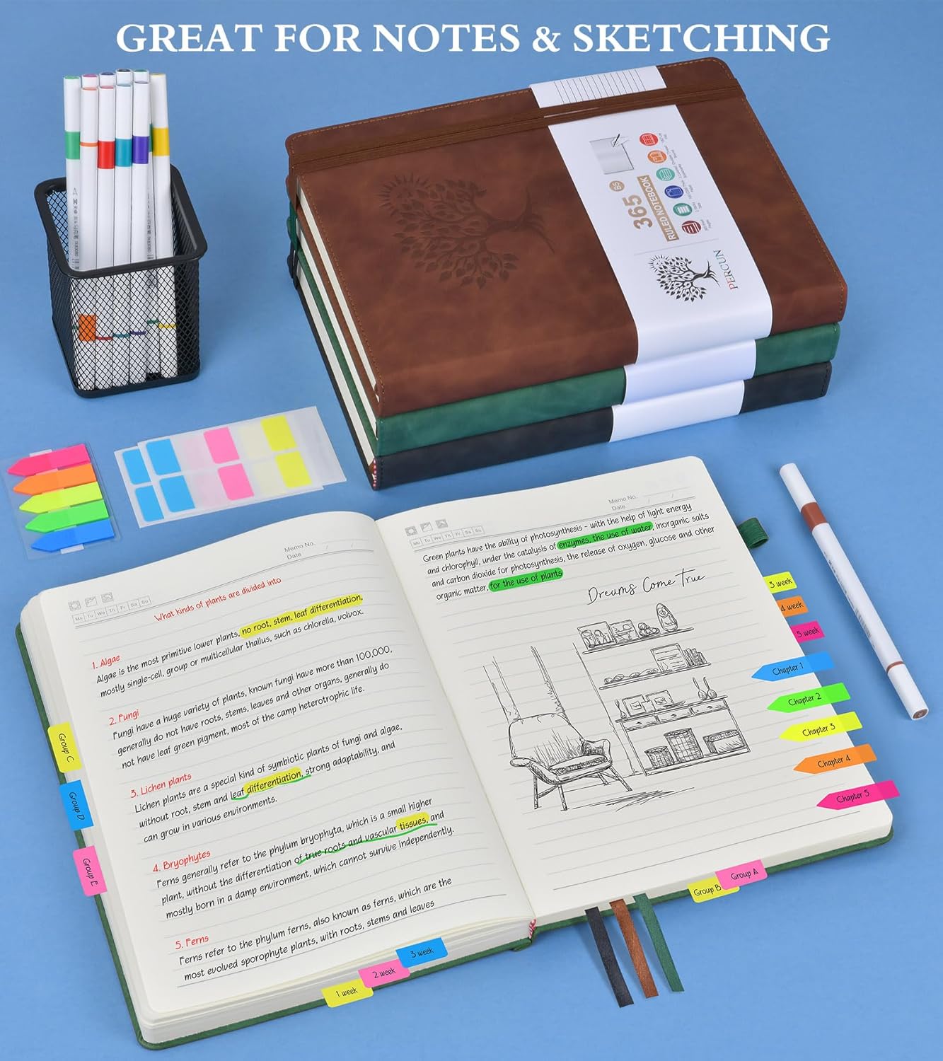 B5 Lined Journal Notebook - 365 Page Large Leather Journals for Writing Women Men，Hardcover Notebook with 100Gsm Thick Pages，Daily Diary for Travel, Work，School，College Ruled (7.6" x 10.3")