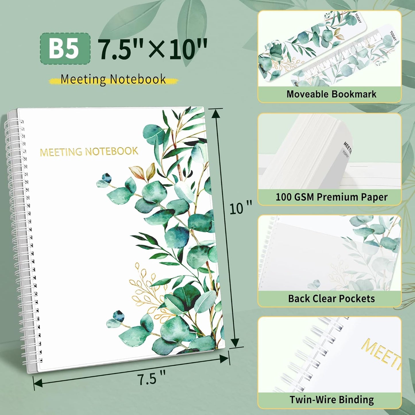 SUNEE Half Meeting Half Note - 7.5"x10" Professional Notebooks for Work - 160 Pages, B5 Size Project Planner, Spiral Meeting Agenda/Minutes Organizer for Women Men, Note Taking, Office & Business