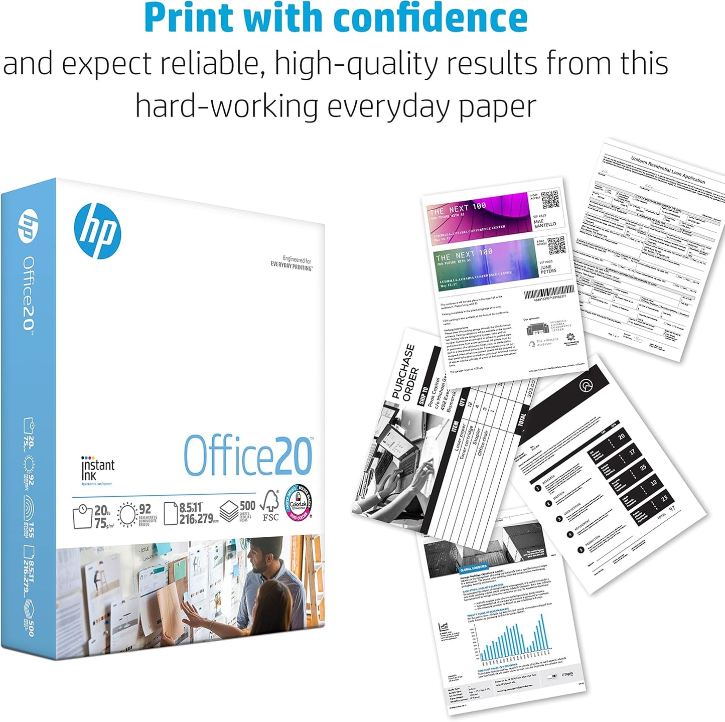 HP Paper Printer Paper 8.5x11 Office 20 lb 5 Ream Case 2500 Sheets 92 Bright Made in USA FSC Certified Copy Paper HP Compatible 112150C