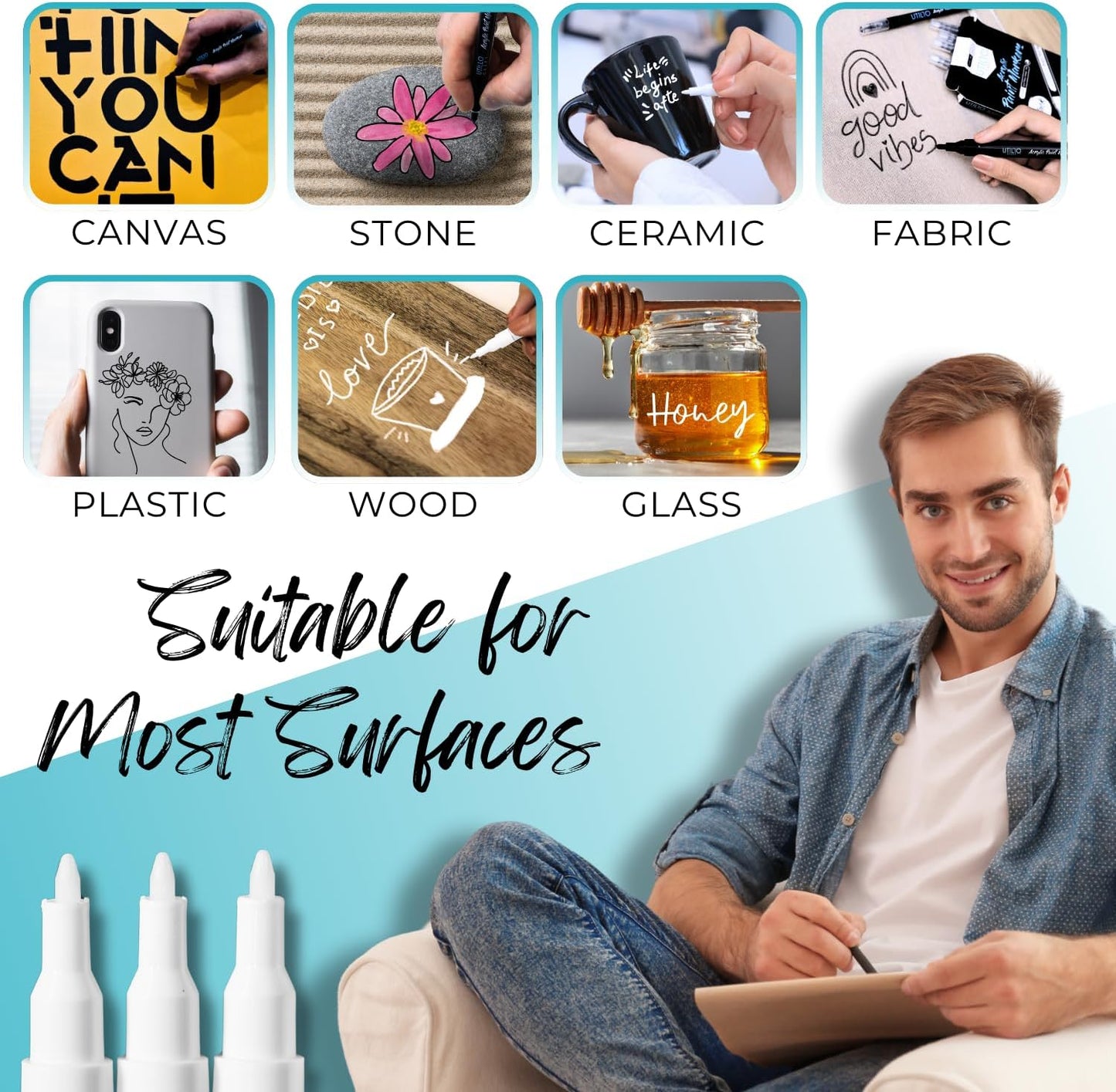 8-Pack White Paint Pens (0.7mm) Extra Fine Tip Made in Japan | Bold Color + 100% Coverage | For Rock, Wood, Glass, Paper, Fabric, Canvas, Metal & More