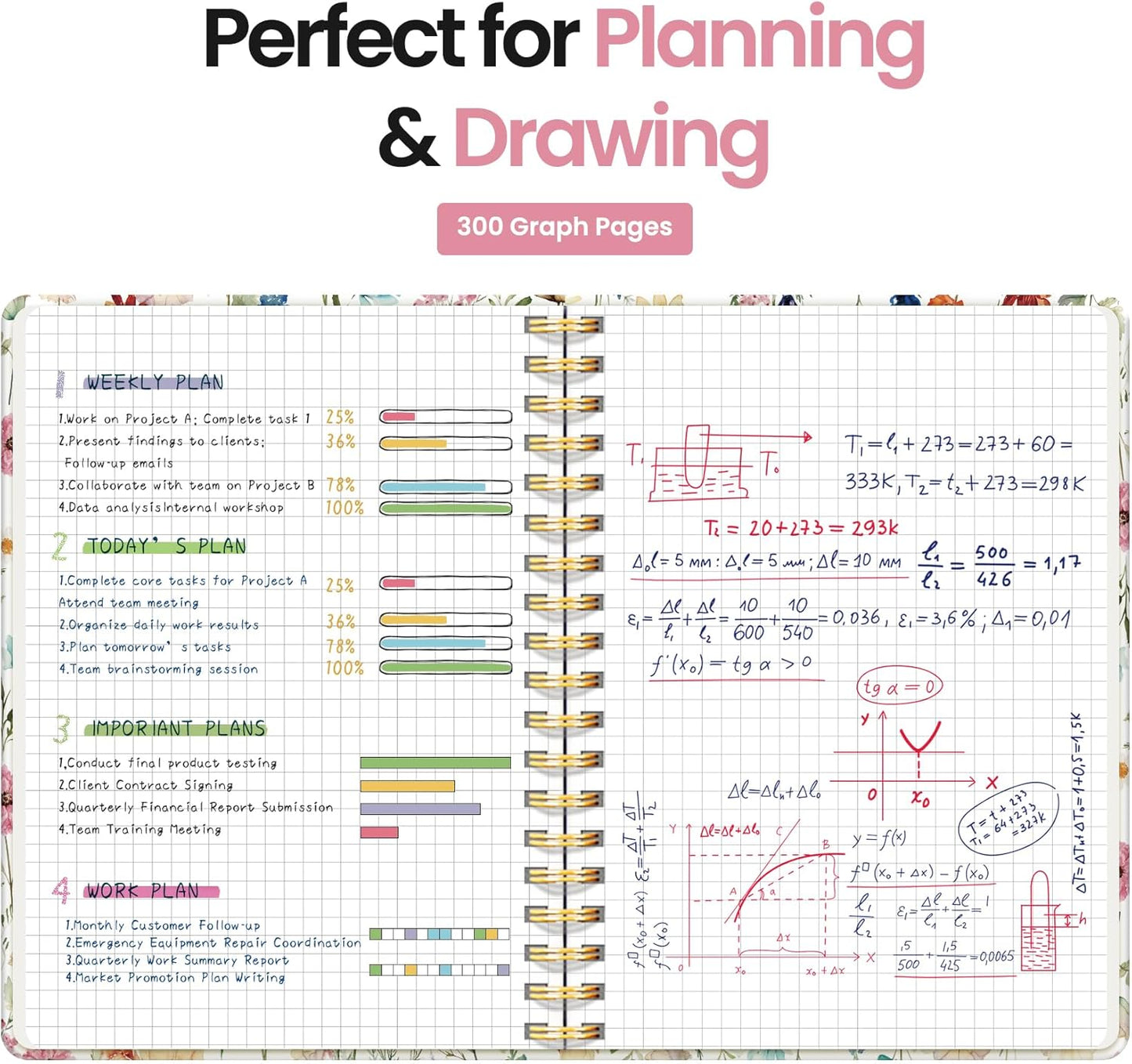 Spiral Graph Paper Notebook Journal for Work, 300 Pages, Thick B5 (7.1"x10") Grid Journals for Women & Writing, Hardcover Notebook for Note Taking, Perfect for Work School Note Taking Business, Floral