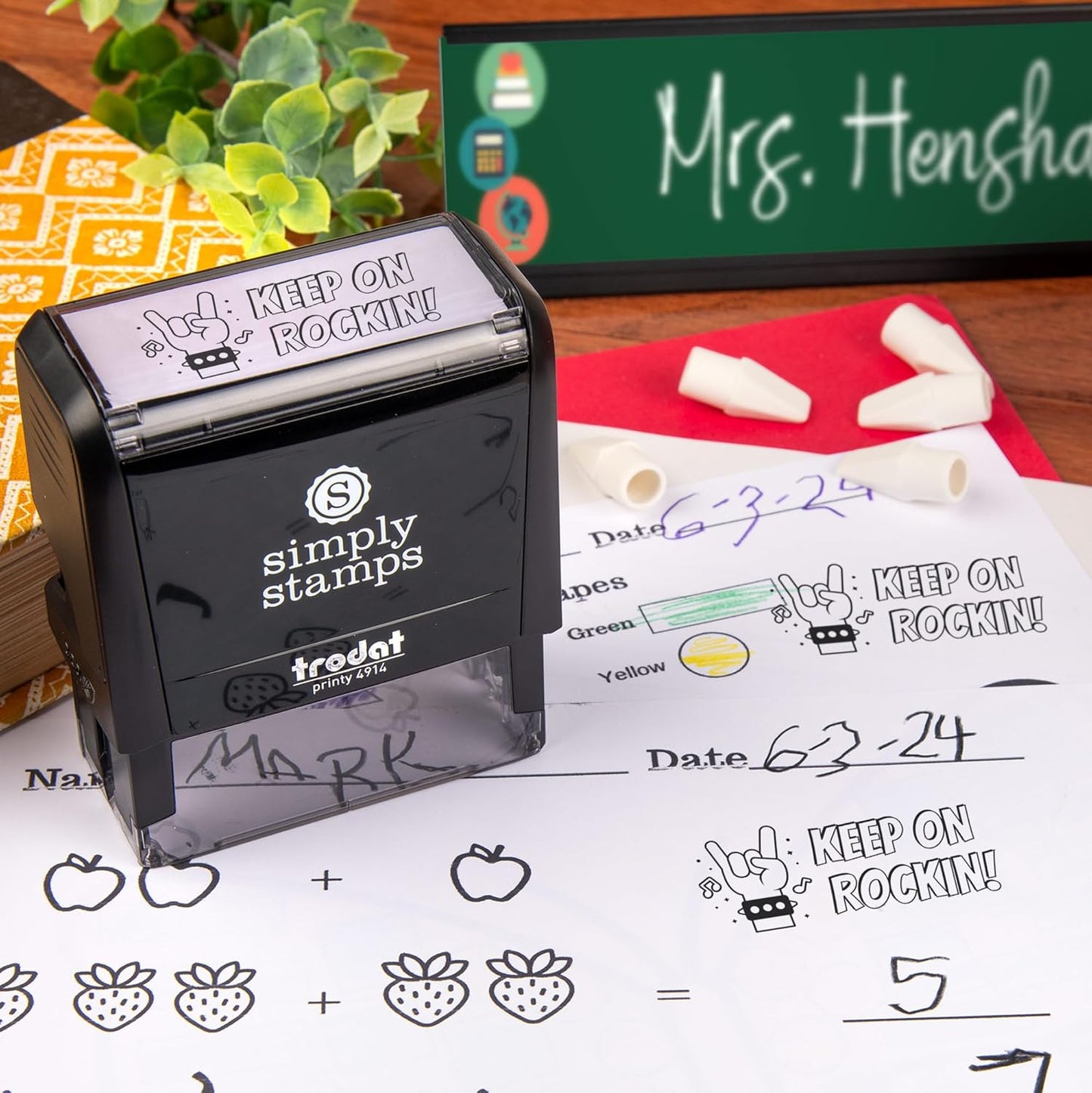 Custom Self-Inking Stamps | 49 Designs | Fun Phrases | Grading Made Easy | Classroom, Library Book Stamps - Keep on Rockin'! (Xtra Large)