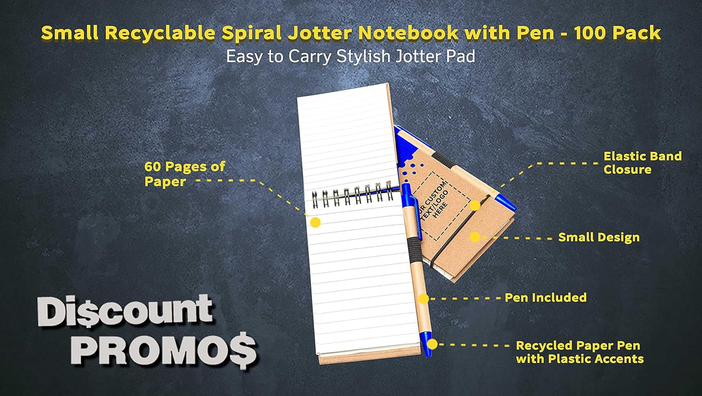 DISCOUNT PROMOS 100 Recyclable Spiral Small Notebooks Pack - Customizable Text, Logo - 60 Lined Pages - Blue