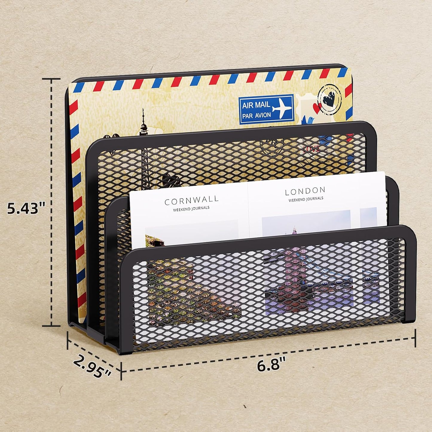 Marbrasse Mail Organizer for Desk, 3-Slot Mesh Metal Mail Holder countertop, Letter Holder, Office Desktop Envelope and Document Storage Rack (Black)