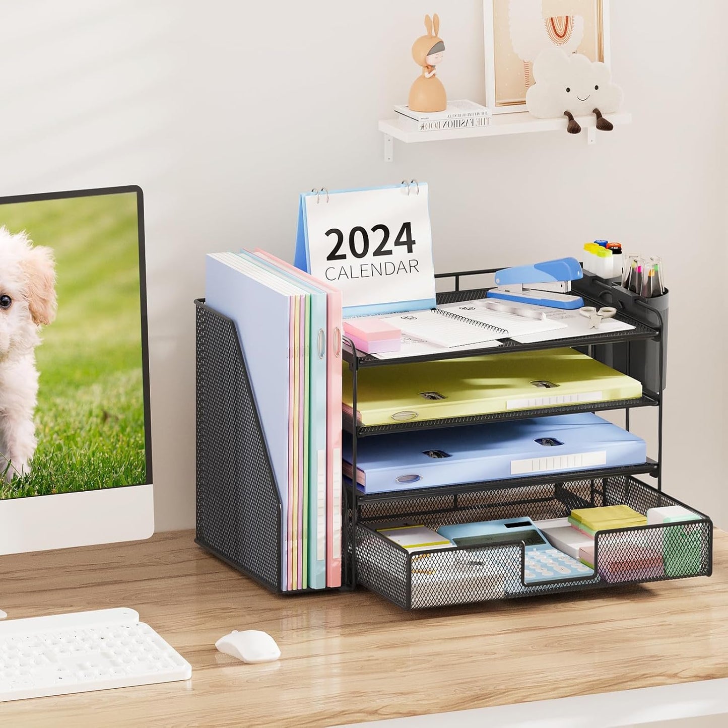 Desk Organizer and Accessories, 4-Tier Desktop File Organizer with Drawer and 2 Pen Holders, Office Desk Accessories for Office Supplies(Black)