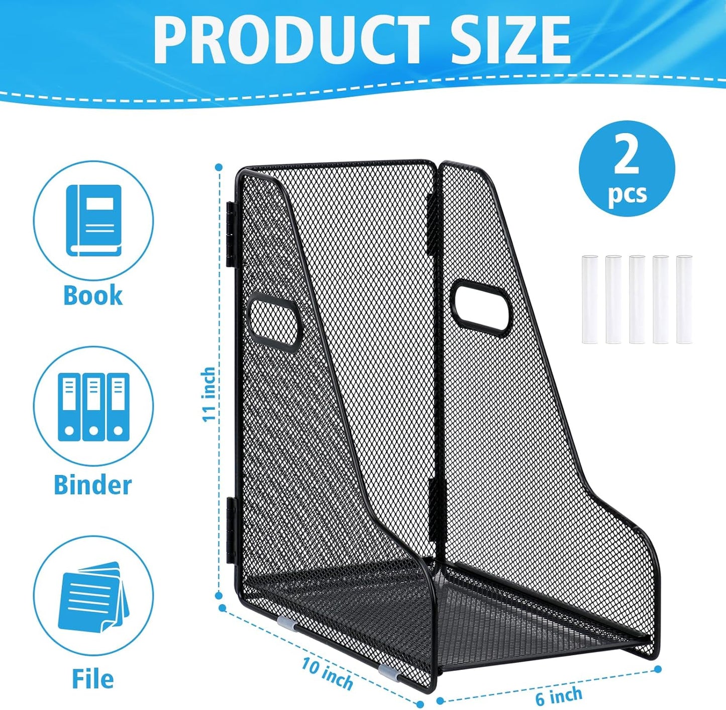 2 Pack Large Binder Folder Holder for Desk Metal Mesh Magazine File Holder Black Vertical File Storage Desktop Binder Organizer Desk Folder Organizer for 3Inch 4Inch 5Inch Binder 10" L x 6" W x 11" H