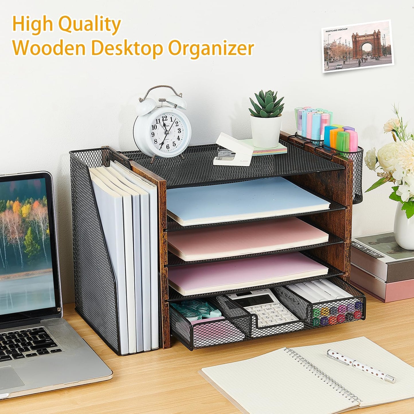 Wood Desk Organizers and Accessories with File Organizer, 5-Tier Paper Organizer with Drawer & Pen Holder, Office Desk Accessories, Workspace Desktop Storage for Office Supplies Organization（Brown）