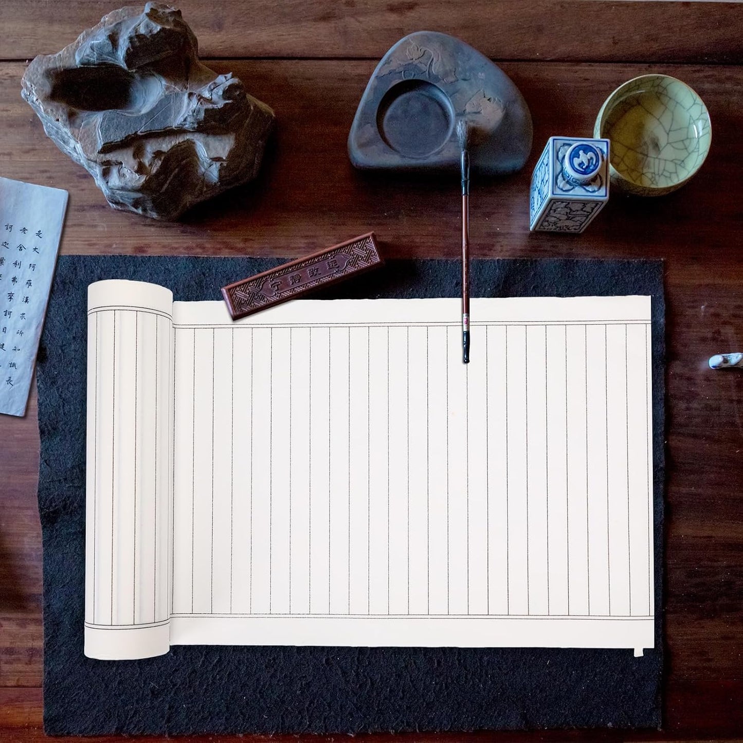 MEGREZ Chinese Calligraphy Brush Writing Practice Paper, Xuan Paper Roll Rice Paper Calligraphy with Vertical Grids, 35cm x 50m(13.8in x 164ft), Half Raw Ripe Xuan Paper, 2cm/Grid, White