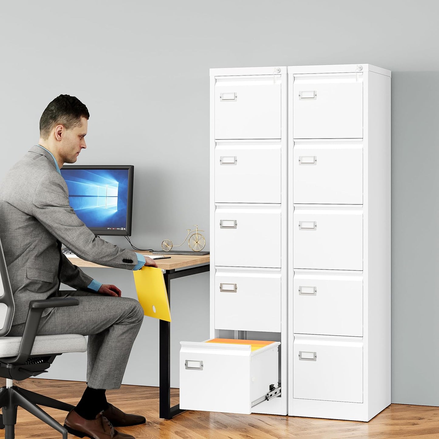 SISESOL 5 Drawer File Cabinet with Lock,Tall Vertical File Cabinet Five Drawer,15" Narrow Office Filing Cabinets,White Metal File Cabinets for Home Office,Fit A4,Legal,Letter Size,-Assembly Required