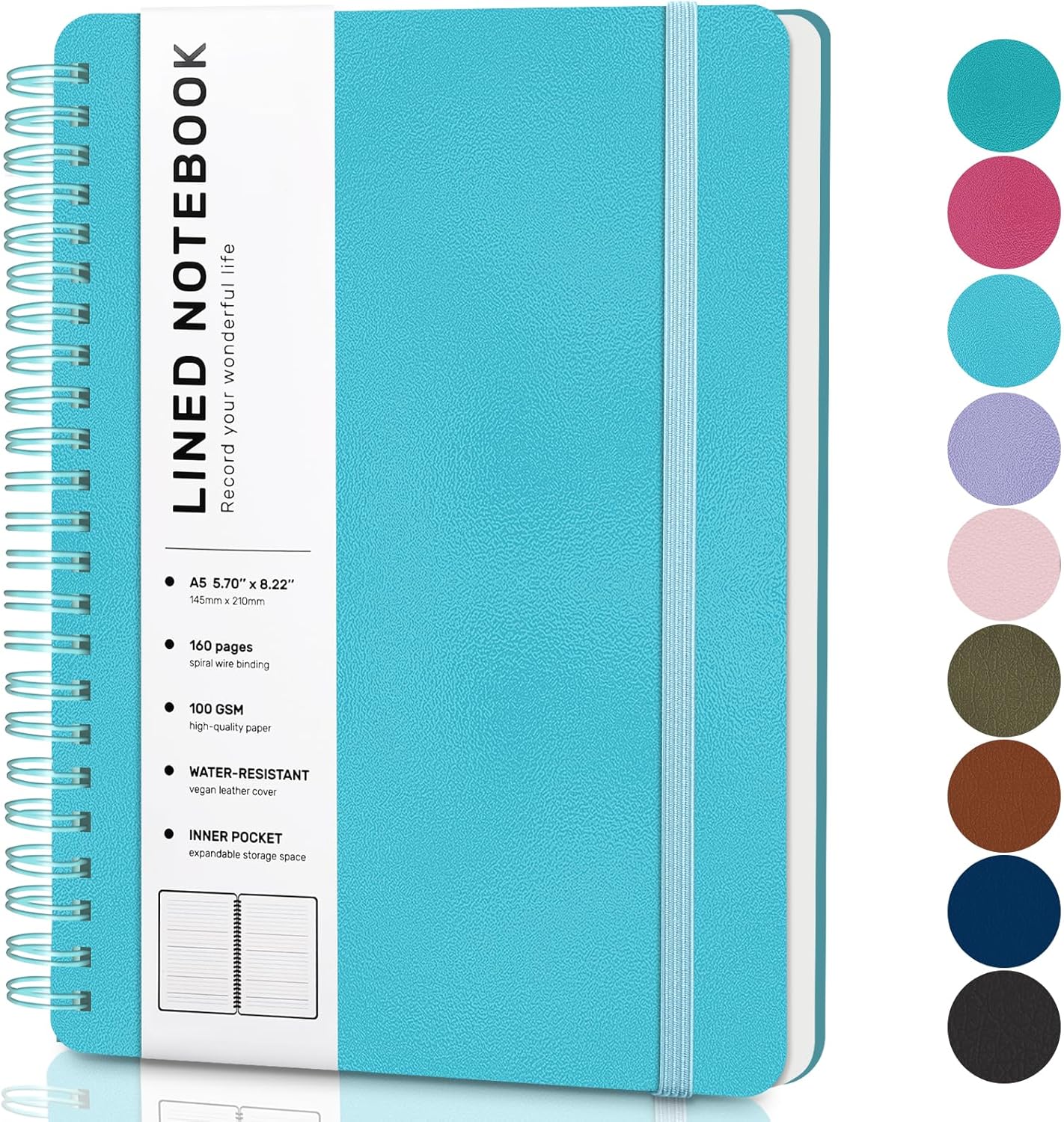 Lined Spiral Journal Notebook, A5 Hardcover Leather Notebook for Work, 5.7''×8.2'', 100GSM Thick Paper Spiral Bound Journaling Notebooks for Women & Men Office School Note Taking Business, Sky Blue