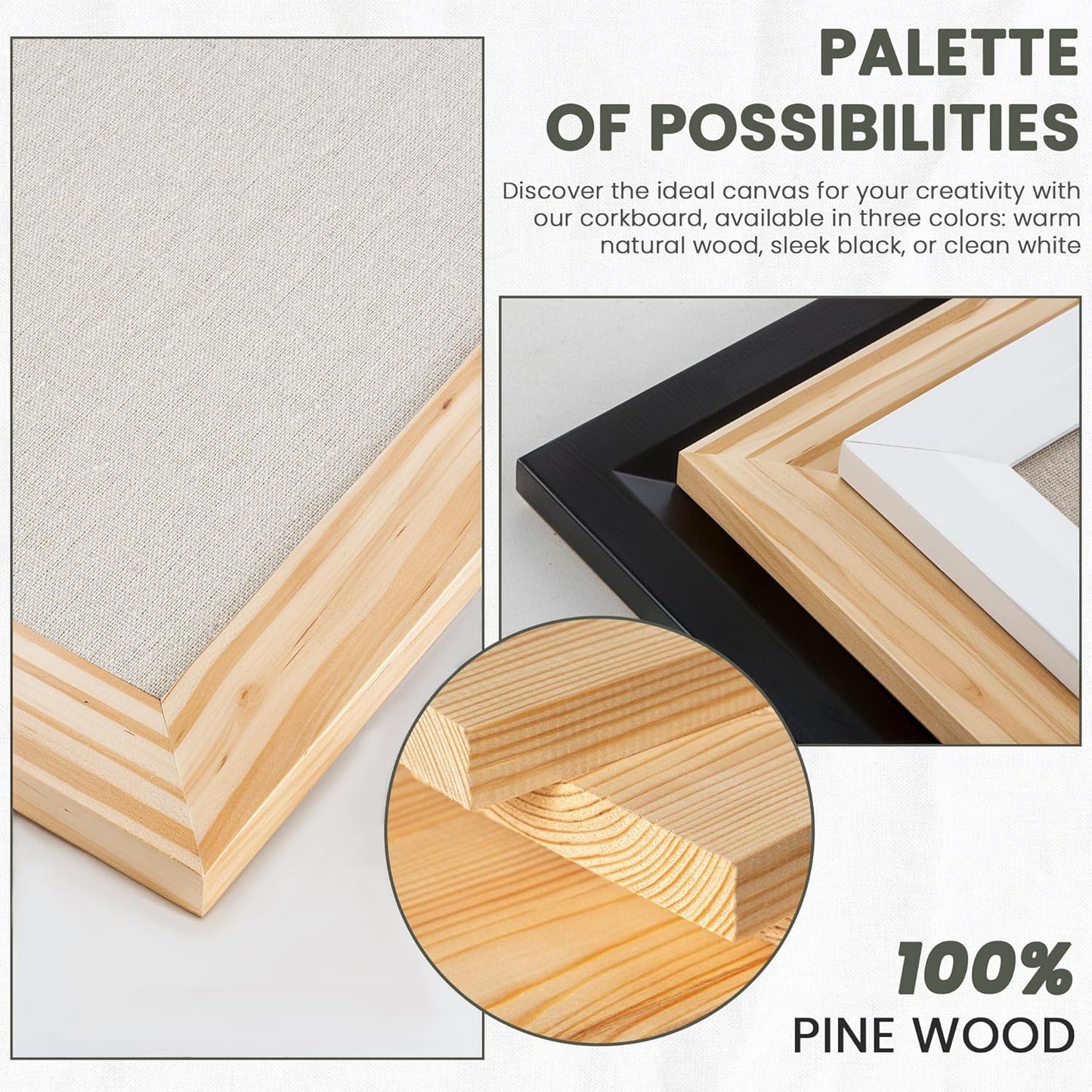 Bulletin Board Cork Board with Linen, 100% Wood Framed 30" x 20" Bulletin Board Decorations, Pin Boards for Walls, Wall Mounted Fabric Picture Board with 10 Pushpins for School, Home & Office, Natural