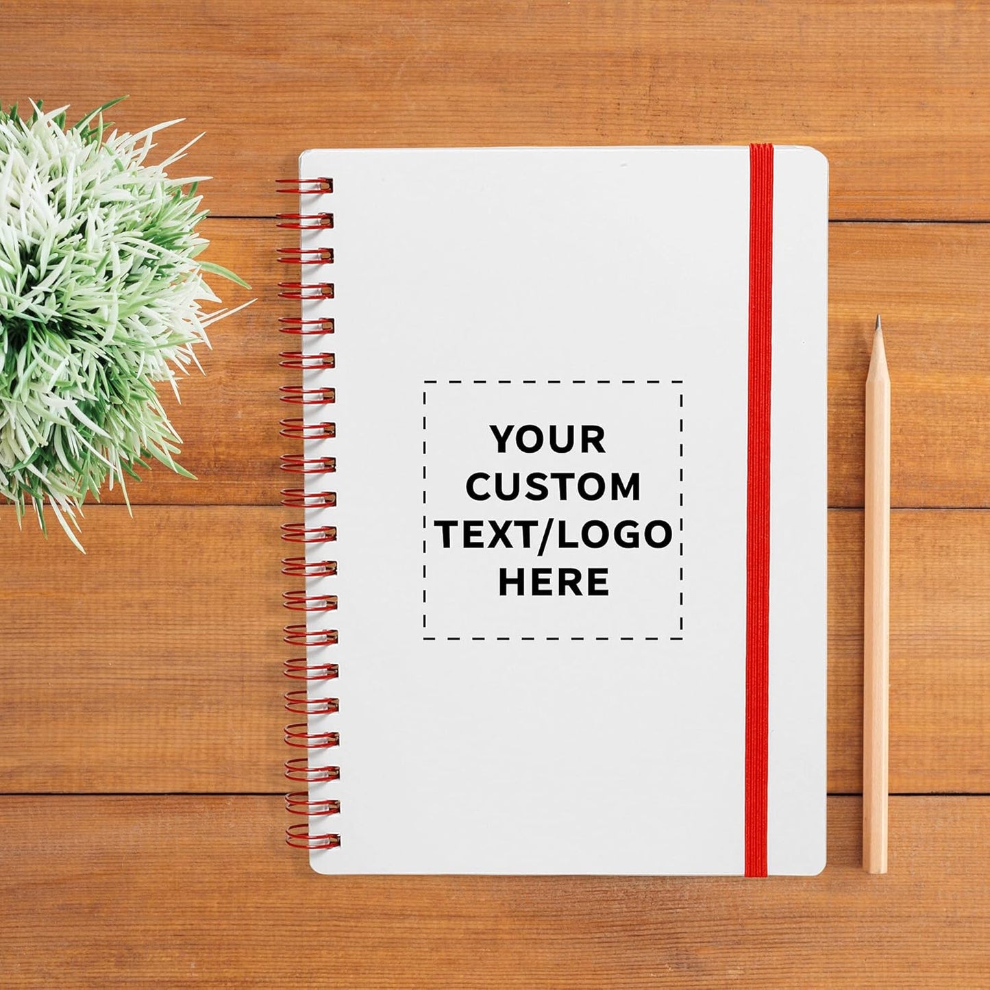 50 White Spiral Notebooks with Elastic Band Pack - Customizable Text, Logo - 80 lined pages, Recycled - Red