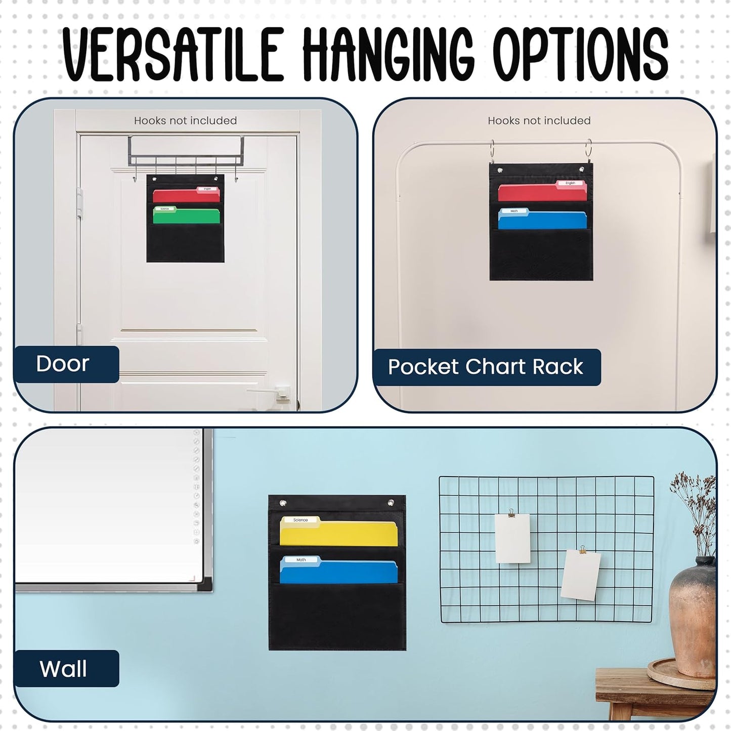 Essex Wares - 2 Pocket File Pocket Chart, Black - Versatile Wall Hanging File Folder Organizer for Classroom, Office, Home, and More - Wall Folder Organizer - Two Pockets