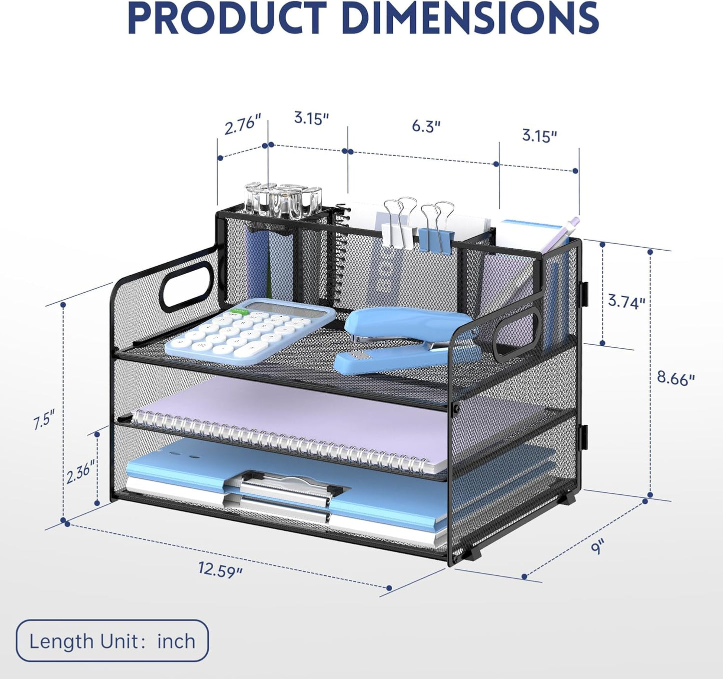 SUPEASY 3 Tier Desk Organizer with Handle & 3 Pen Holders, Mesh Paper/File Organizer for Desk, Paper Letter Tray Organizer for Office Supplies (Black)