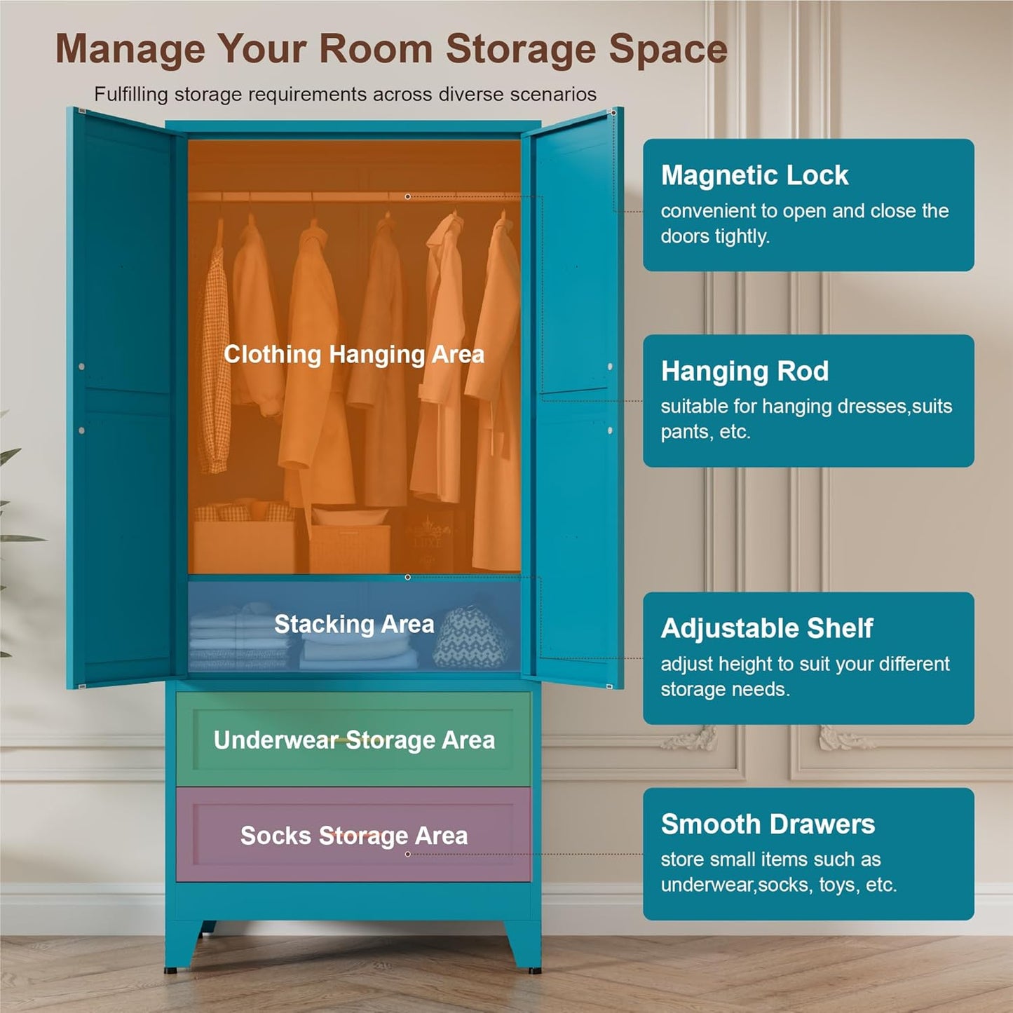 71" Tall Metal Wardrobe Cabinet with 2 Drawers and Hanging Rod, 2 Doors Armoire Wardrobe Closet with Shelf for Bedroom, Office, Laundry Room, Blue