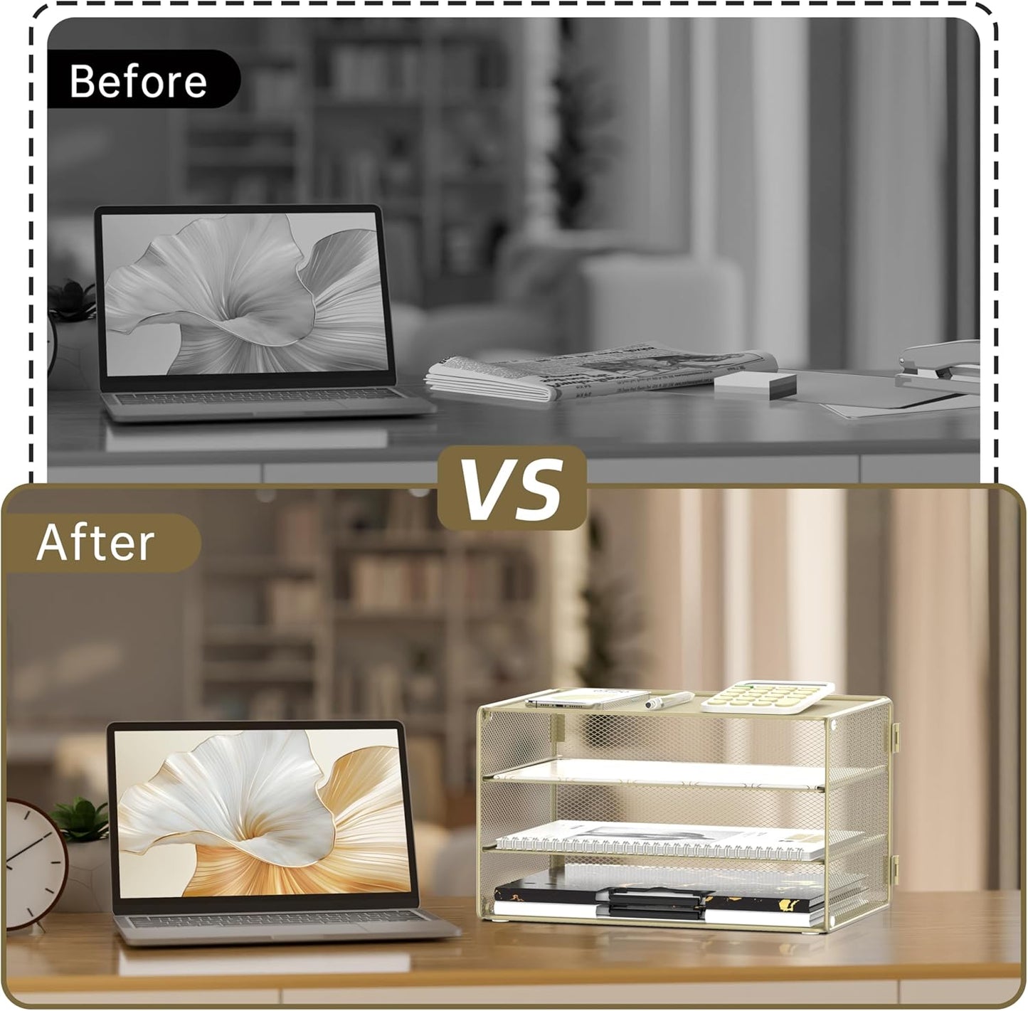 DALTACK 3 Tier Letter Tray Paper Organizer Mesh Metal Desk File Organizer for Home & Office, Golden Yellow