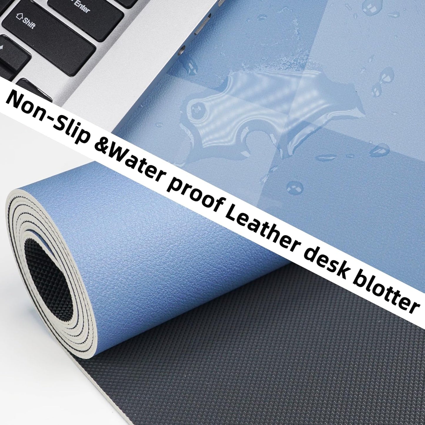 Non-Slip Desk Pad, Waterproof PU Leather Protector, Easy Clean Laptop Mat for Work/Home/Decor (Light Blue, 31.5" x 12"