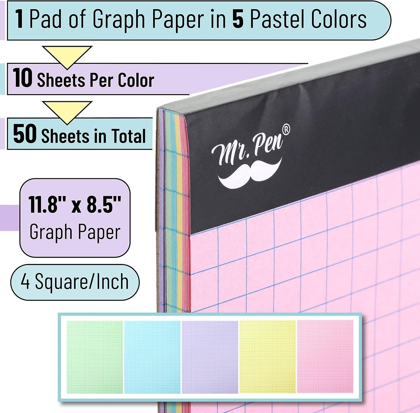 Mr. Pen- Pastel Graph Paper, 1 Pad, 11"x8.5", 4x4 (4 Squares Per Inch), Pastel Colors, 50 Sheets, Grid Paper, Graphing Paper, Graph Paper Pad, Grid Paper Pad, Colored Graph Paper