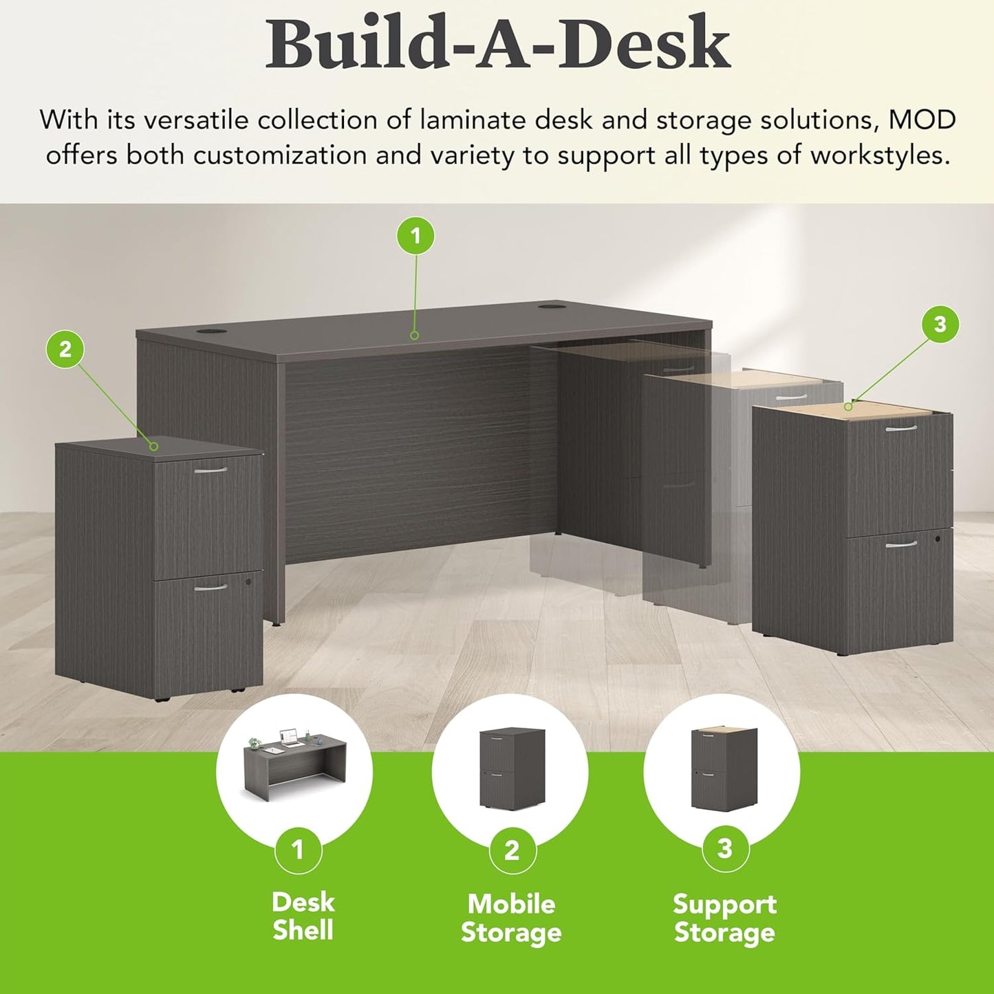 HON MOD Executive Desk 66-Inch Large Computer Desk Shell, Thick Wooden Laminate, Modern Table with Cord Management, 66" W x 30" D x 29" H, Slate Teak
