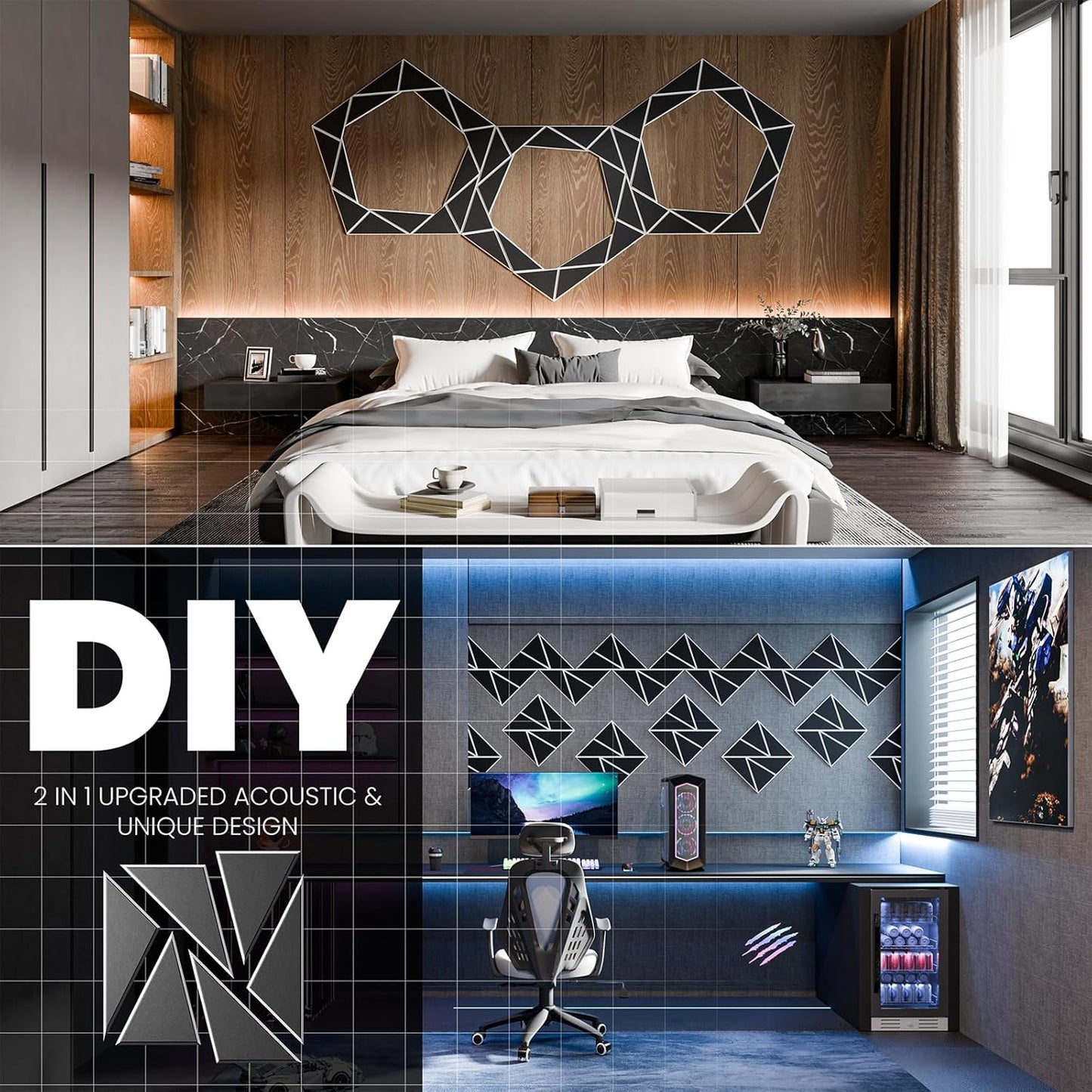 22 pack Acoustic Panels With Self-Adhesive, 12"X 12"X 0.4"Sound Proof Foam Panels, Sound Panels High Density, Soundproof Wall Panels for Home Studio Office- WhiteBase + BlackFace V1