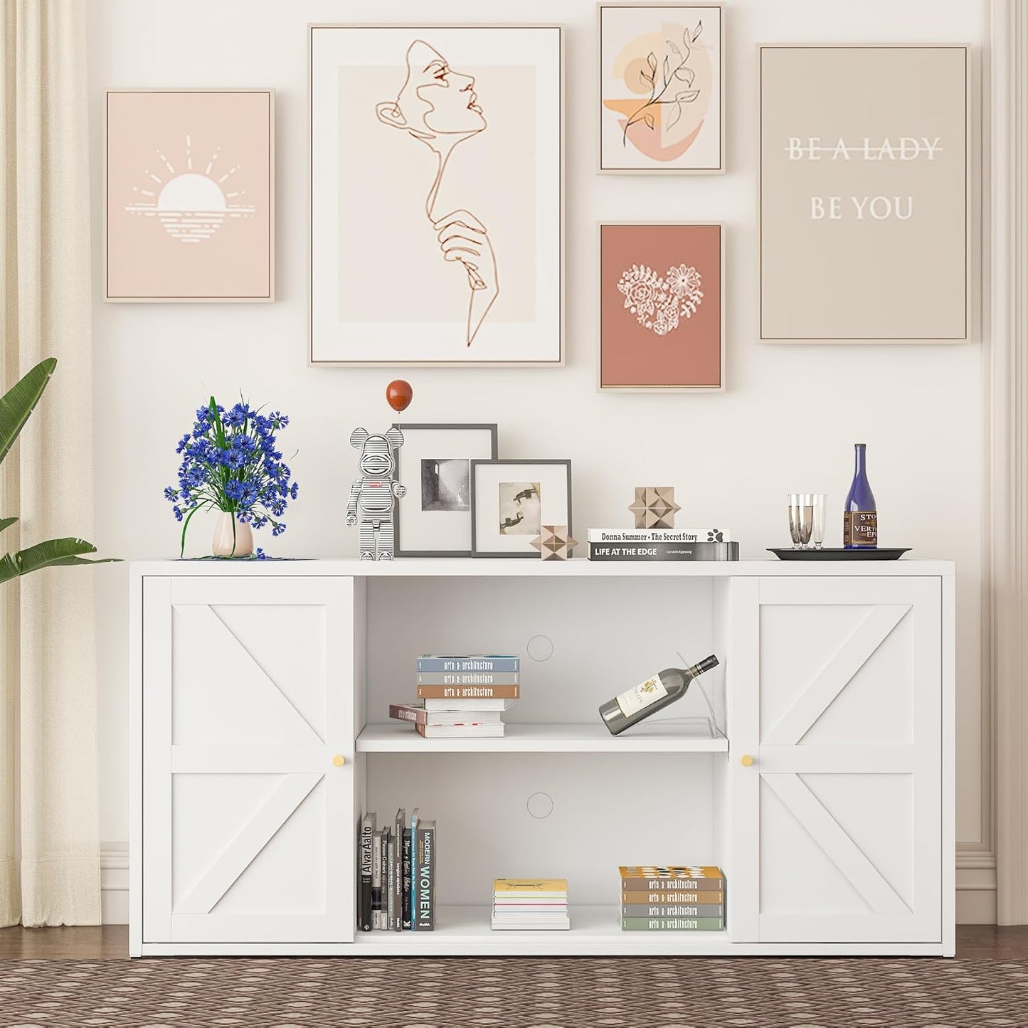 Metal Storage Cabinet with 2 Barn Doors,Farmhouse Sideboard Buffet Cabinet,Pantry Storage Cabinets with Drawers and Shelves, Coffee Bar for Kitchen, Dining Room,Living Room,White TV Stand