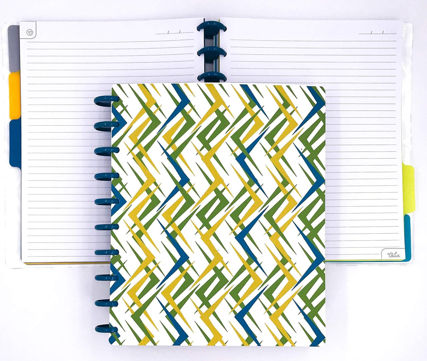 Talia Discbound Notebooks, Planner, Customizable, (xZiggity Zag w/deep Lake Blue Discs, Midsize (7.5in x 9.75in))