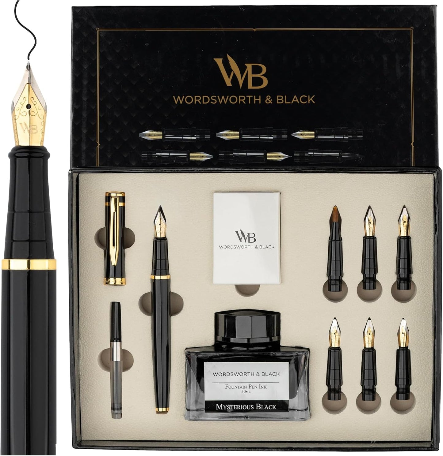 Wordsworth & Black Calligraphy Pen Gift Set, Includes Bottle, 6 Cartridges, Refill Converter, 6 Replacement Nibs, Premium Package, Journaling, Smooth Writing Pens [Black Gold]