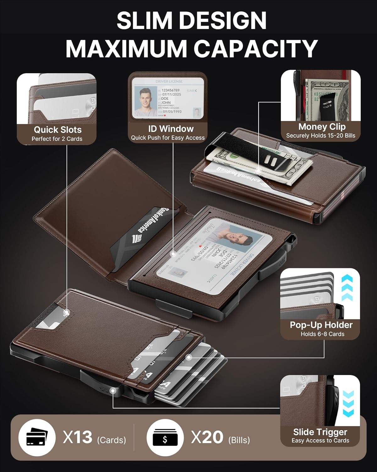 typecase Pop Up Wallet: Slim Wallet with Money Clip, Rfid-blocking, Minimalist, Small, Thin, Compact Card Case, Magnetic Bifold, Front Pocket Wallet, 9-13 Card Capacity, Mens Wallet - Oil Wax Brown