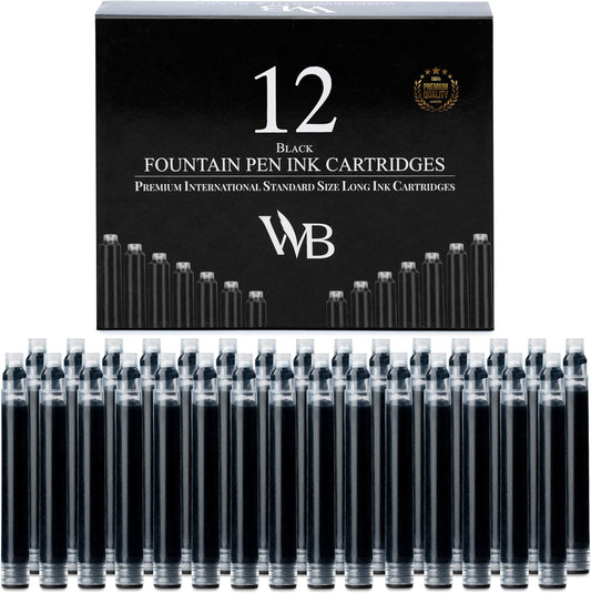 Wordsworth & Black 12 Pack Fountain Pen Ink Refills - Set of 12 Black Ink Cartridges - International Standard Size - Length APPR 2.3" - Base Diameter APPR 0.24" - Disposable and Generic