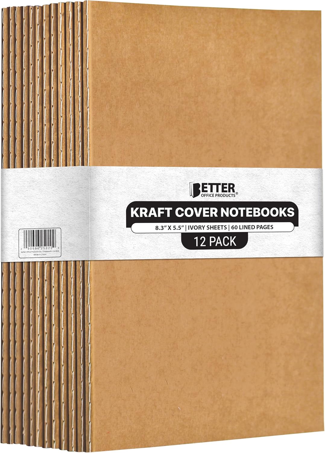Better Office Products Kraft Notebooks Lined Paper, 12 Pack, 8.3 in x 5.5 in, A5 Size, 60 Lined Ivory Pages, 80 gsm, Soft Cover Composition Notebooks, Stitched Spines, Kraft Travel Journals