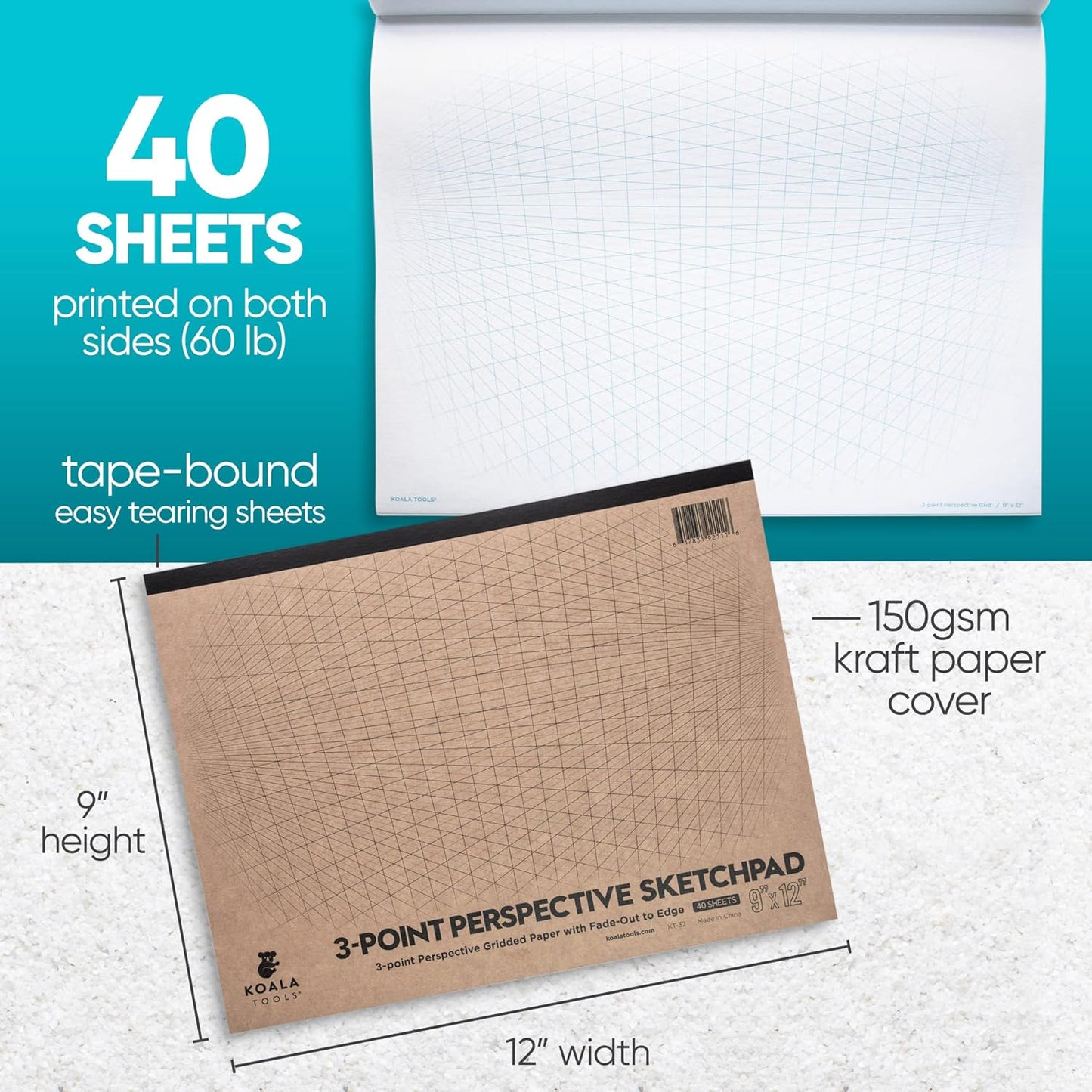 Koala Tools | Drawing Perspective (1 and 2-Point) Large Sketch Pad (3 Point - 9 x 12)