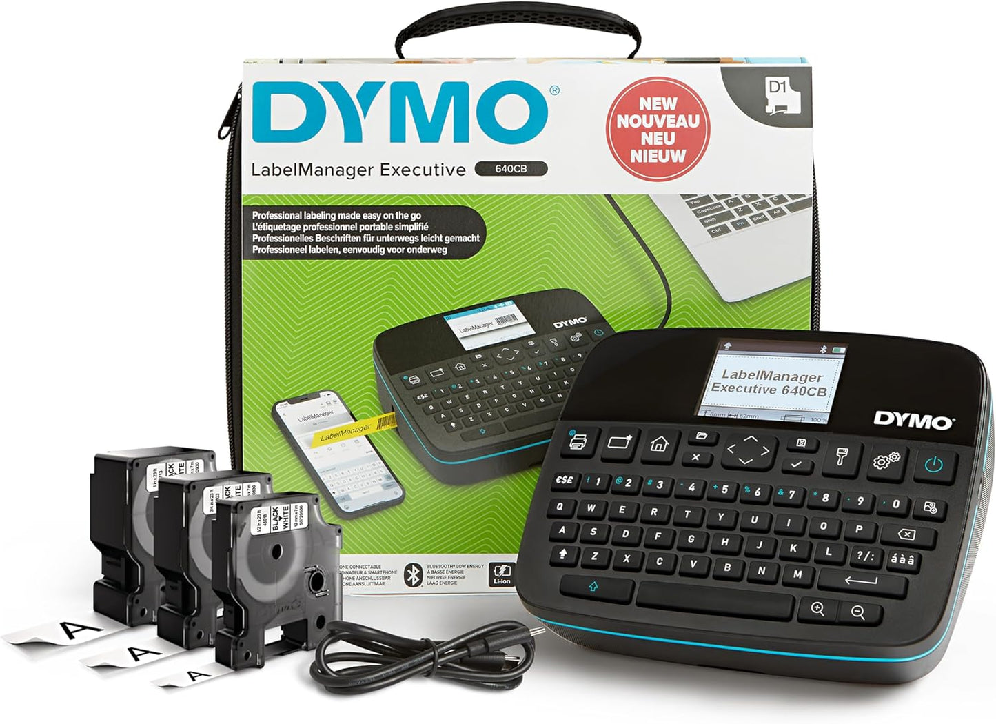 DYMO LabelManager Executive 640 CB Portable Label Printer Kit with Carry Case and 3 Label Cassettes | Compact QWERTY Label Maker | Bluetooth & USB Connectivity | Compatible with DYMO D1 Labels