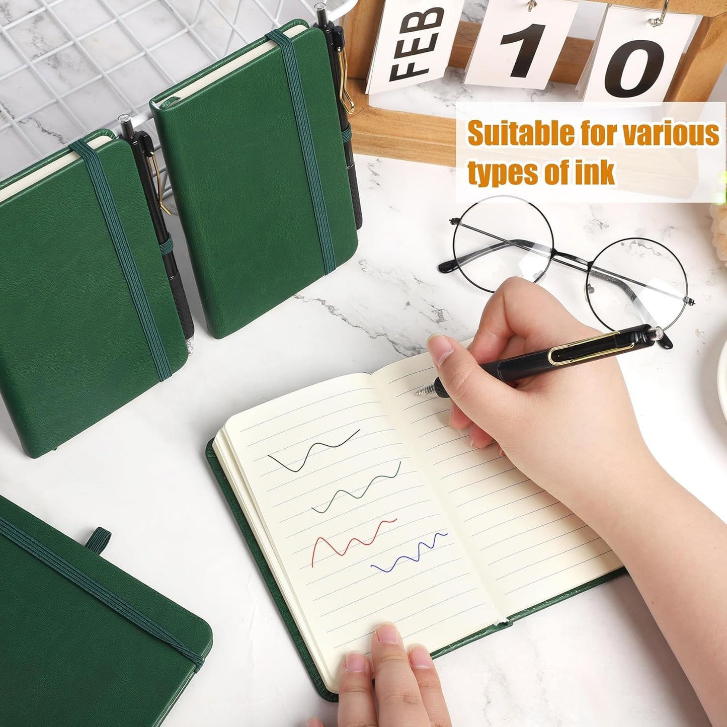 Aodaer 50 Sets Pocket Notebook Journal with Pens, 160 Pages, 3.5 x 5.5 Inch Mini Lined Journal Notebook A6 Leather Hardcover College Ruled Notepad with Pen Holder for School Office Gifts, Dark Green