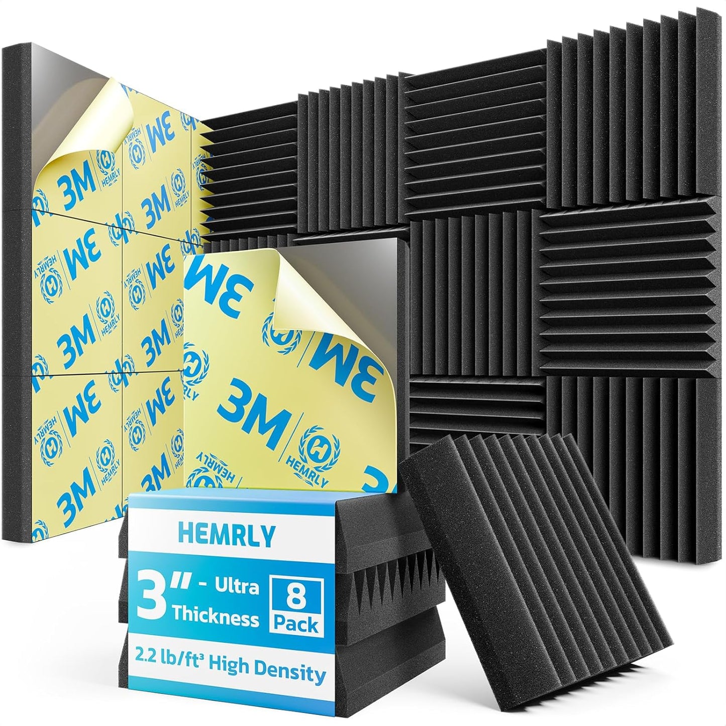 3" X 12" X 12" Sound Proof Foam Panels for Walls,Self-Adhesive Foam Acoustic Panels Sound Absorbing,2.2 lb/ft³ Density Soundproof Wall Panels for Gaming Studio Decor (8 Pack Black)