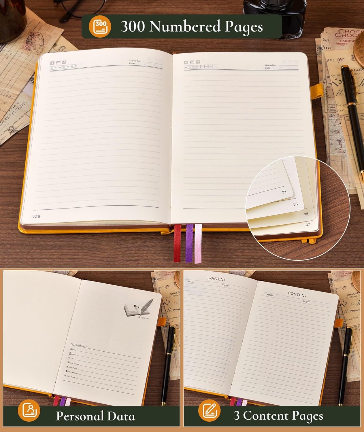 Vintage Leather Journal - 300 Page Lined Journal Notebook with Numbered Pages,A5 Notebook for Women Men,Travel Diary,Daily Journal for Writing, Note Taking, School & Work (5.8" x 8.3")