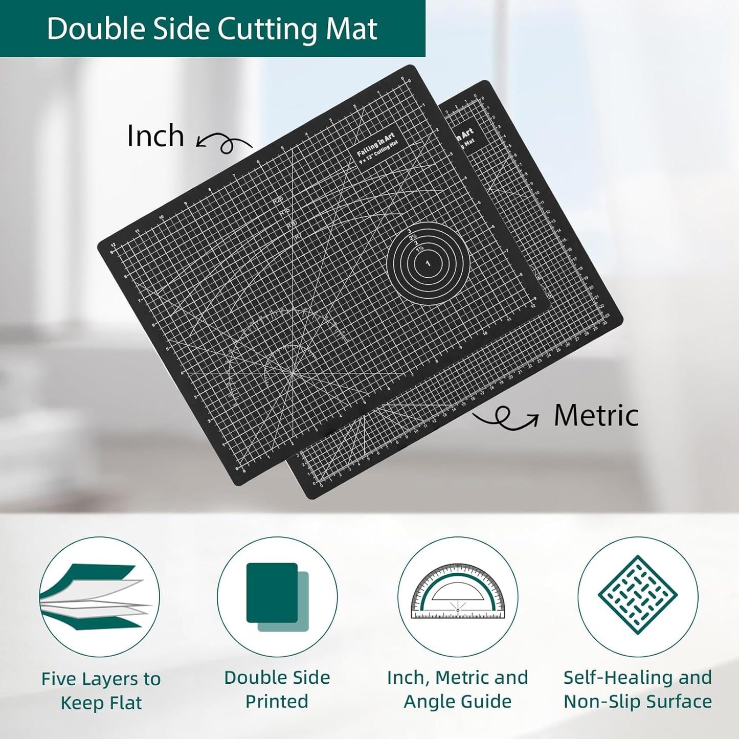 Falling in Art Self Healing Cutting Mat, 9x12" Cutting Mats for Sewing, Double-sided 5-Ply Fabric Cutting Board for Crafting, Quilting and Sewing Projects, Black